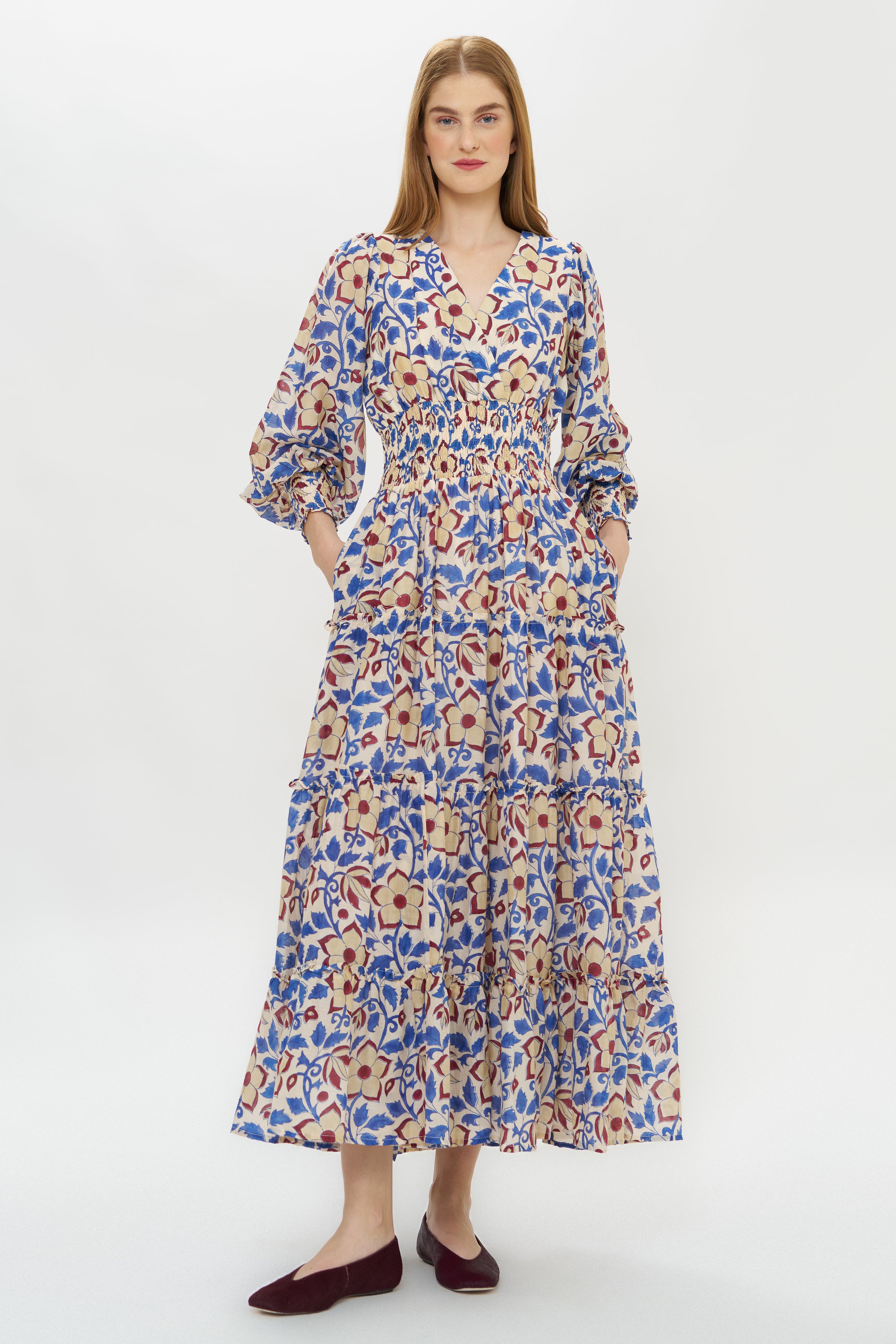 V-Neck Smocked Waist Midi- Kildare Blue