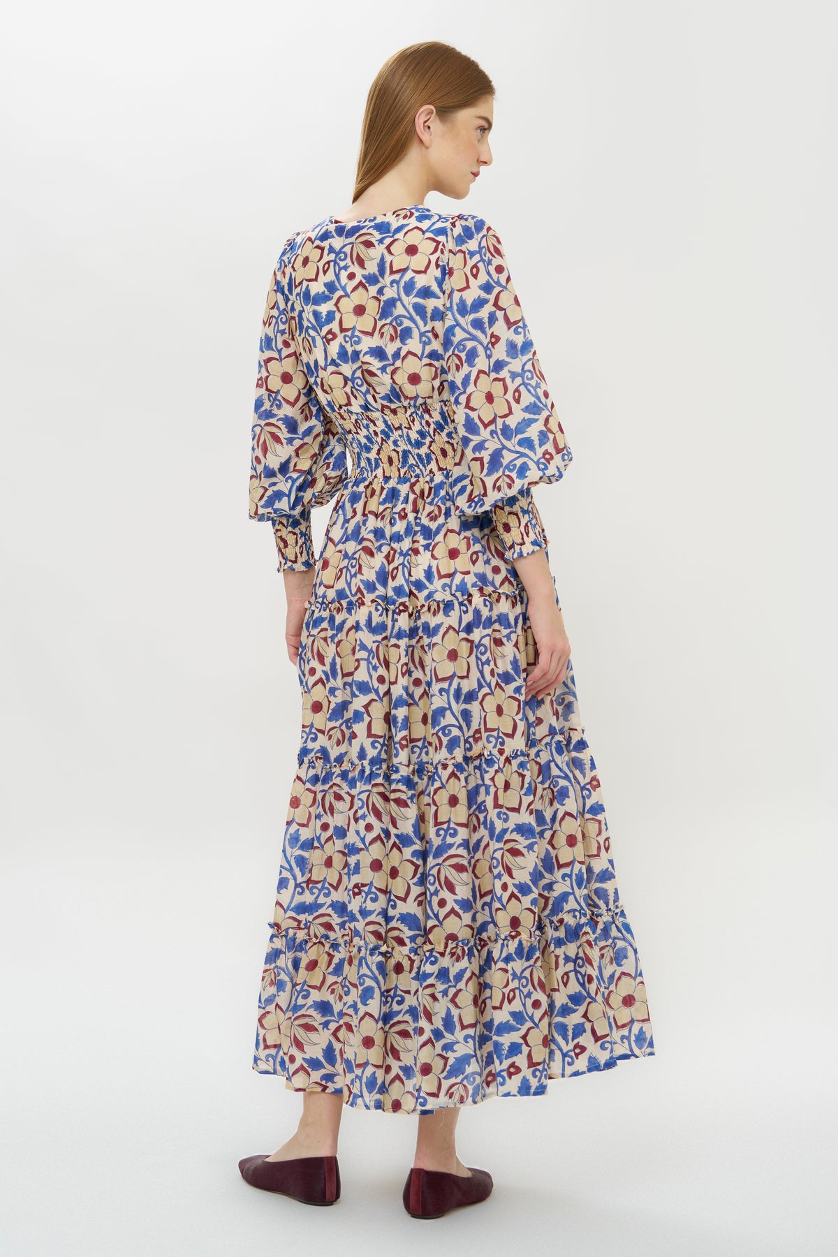 V-Neck Smocked Waist Midi- Kildare Blue