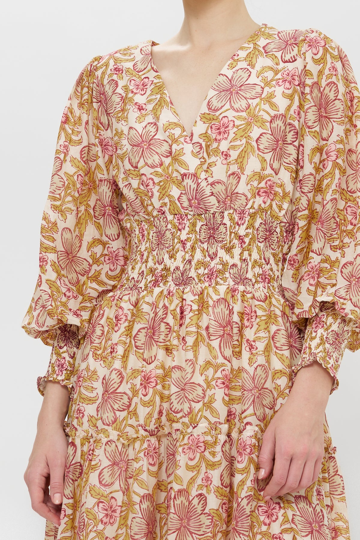 V-Neck Smocked Waist Midi- Linz Plum