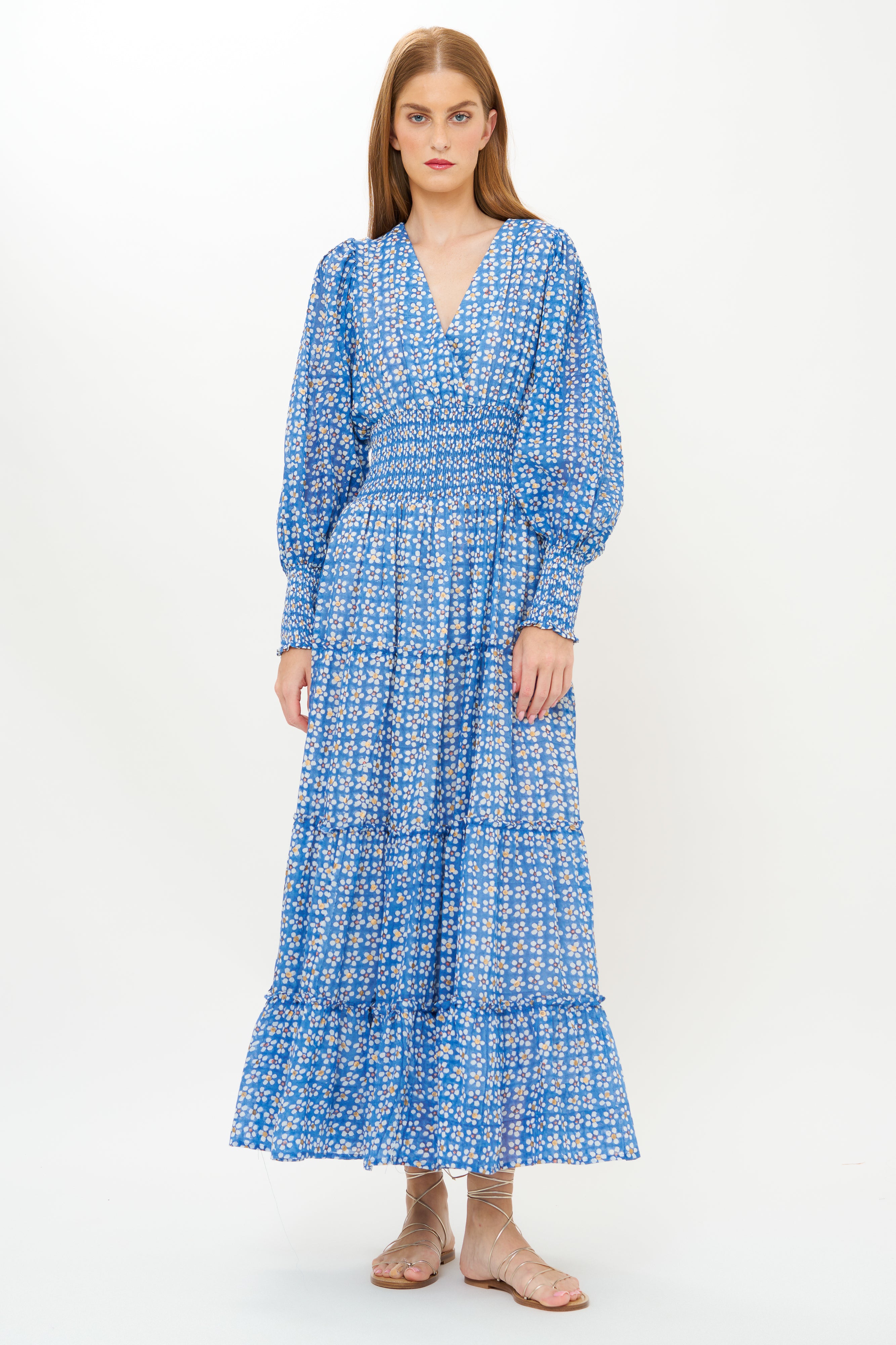 V-Neck Smocked Waist Midi- Aster Blue