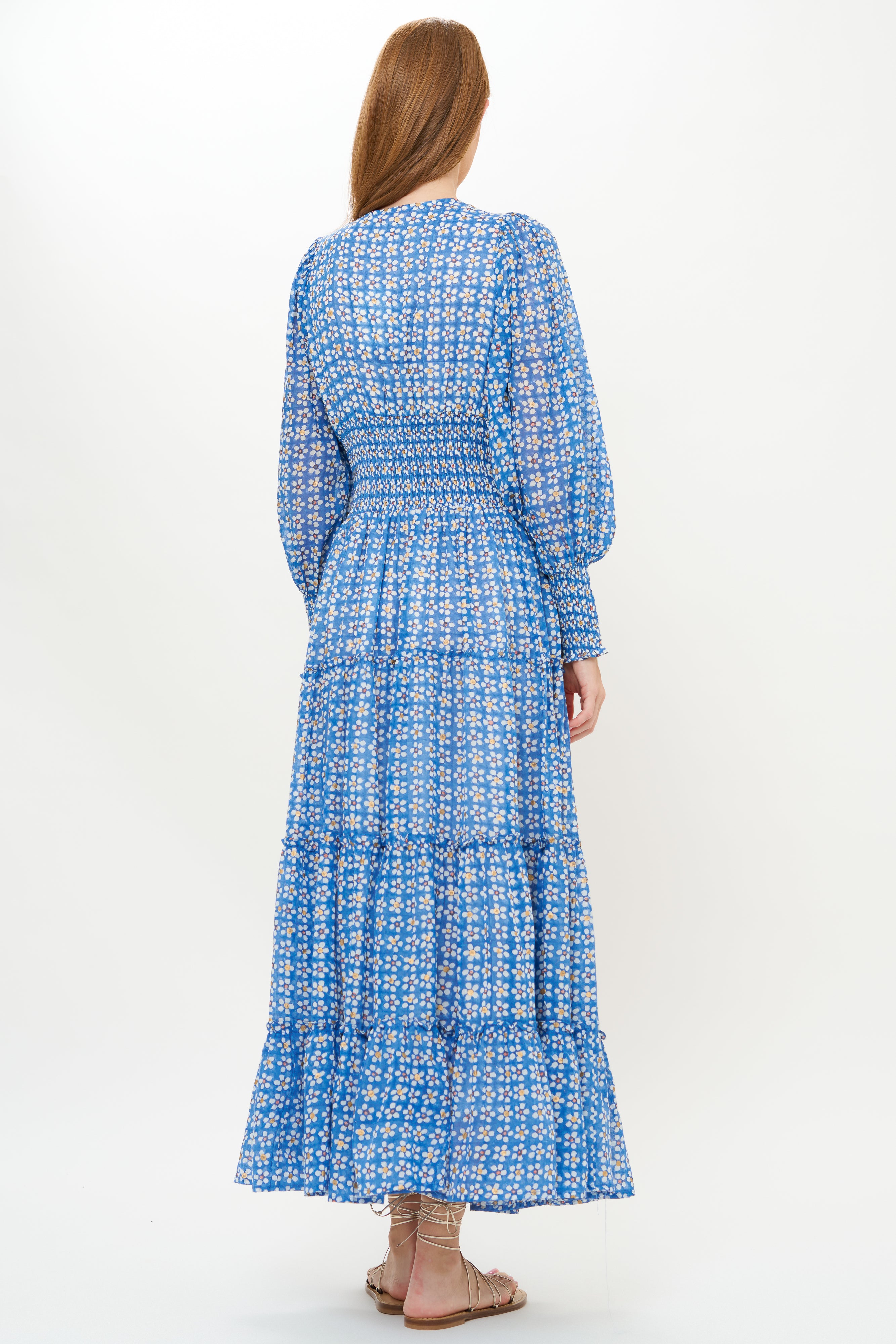 V-Neck Smocked Waist Midi- Aster Blue