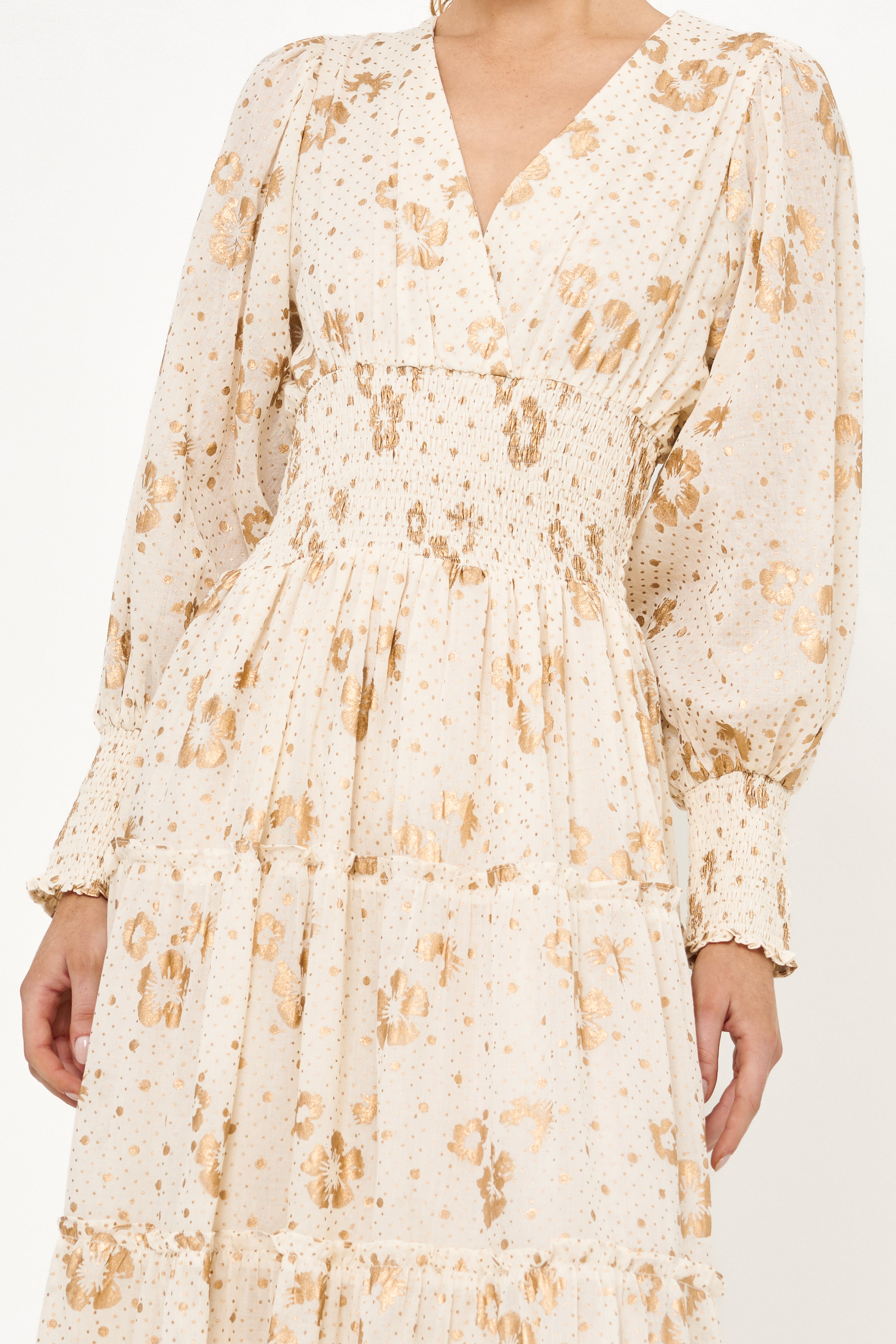 V-Neck Smocked Waist Midi- Carlin Cream Gold