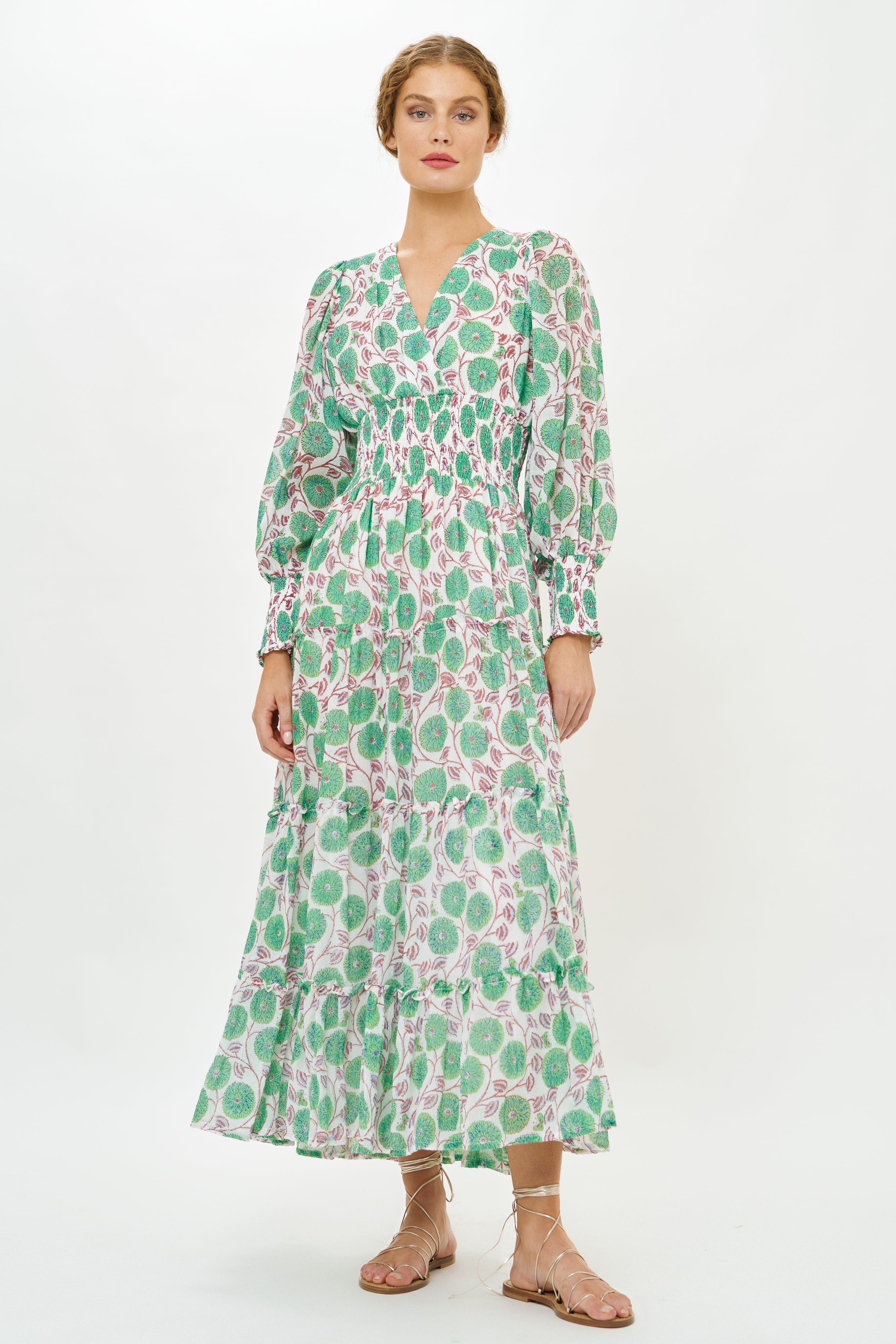 V-Neck Smocked Waist Midi- Monarch Green