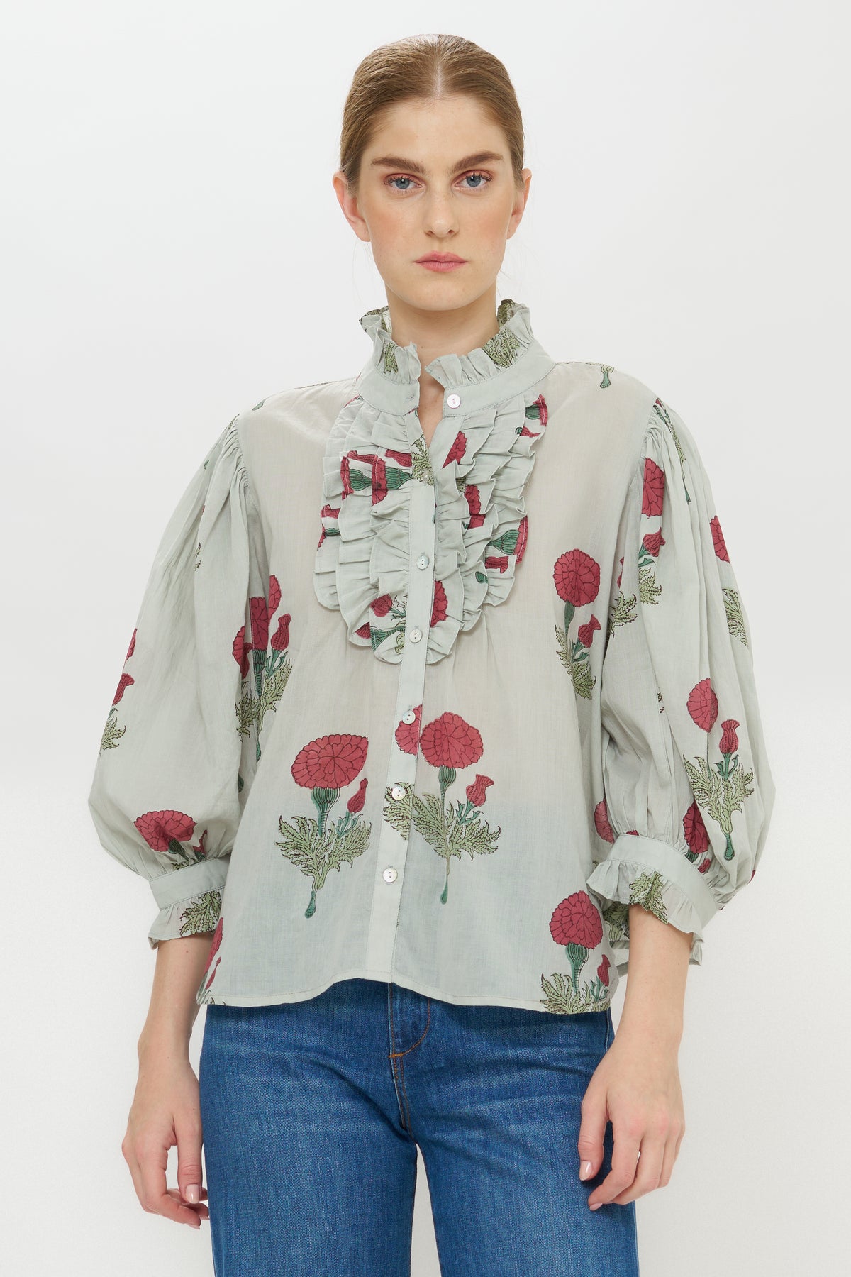 Ruffle Front Button Blouse- Bloom Rhubarb