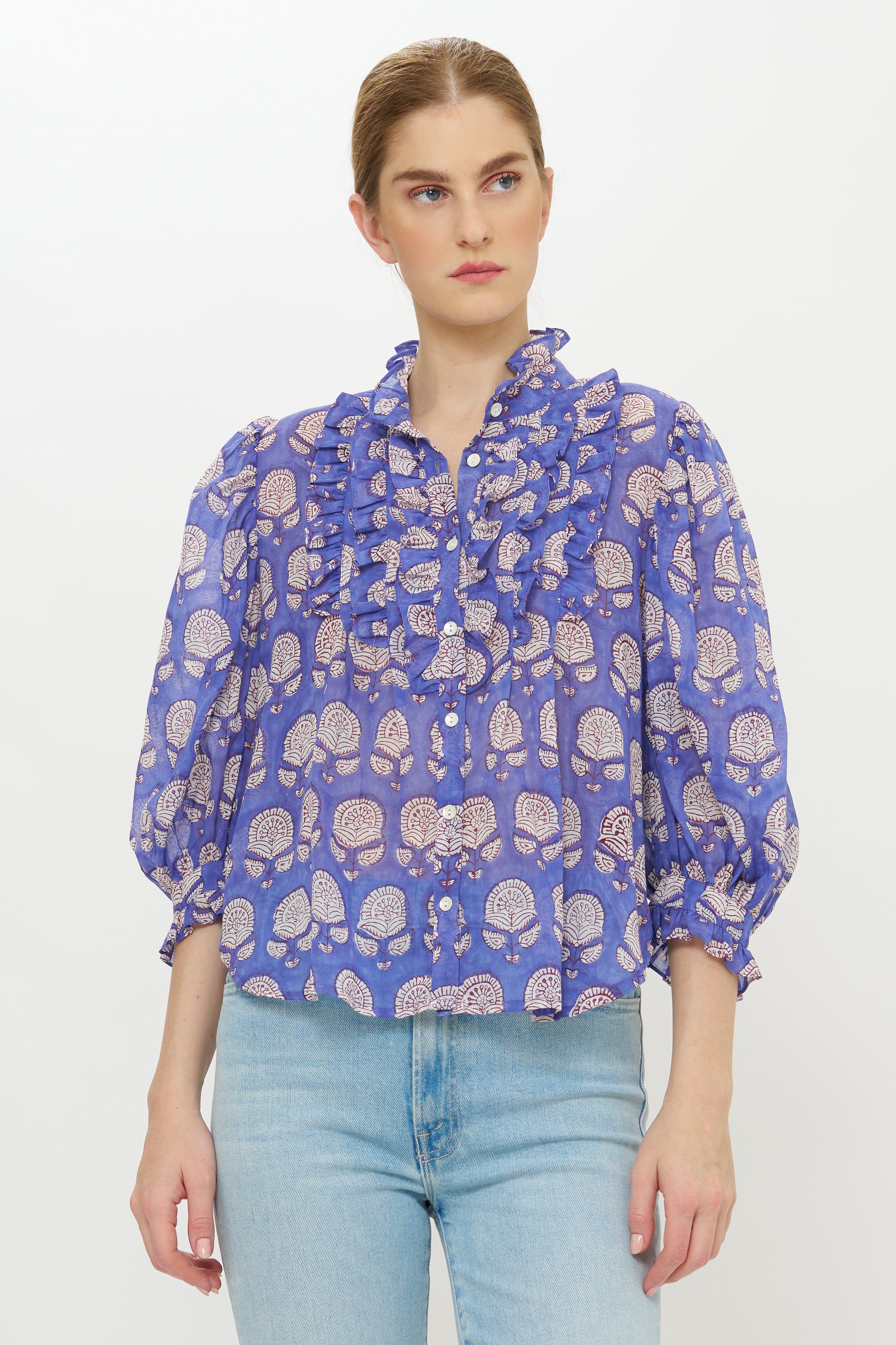 Ruffle Front Button Blouse- Trento Cobalt