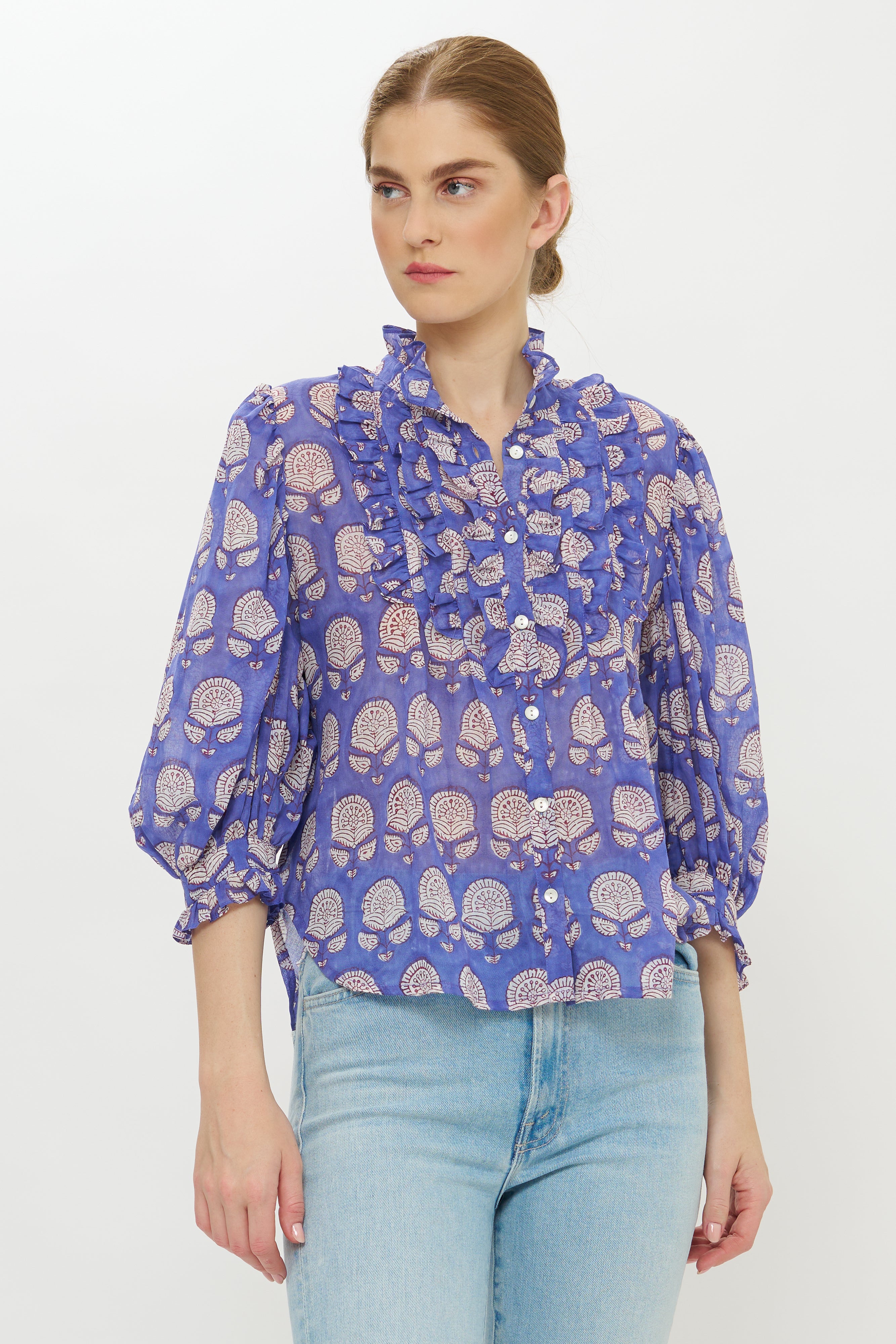 Ruffle Front Button Blouse- Trento Cobalt