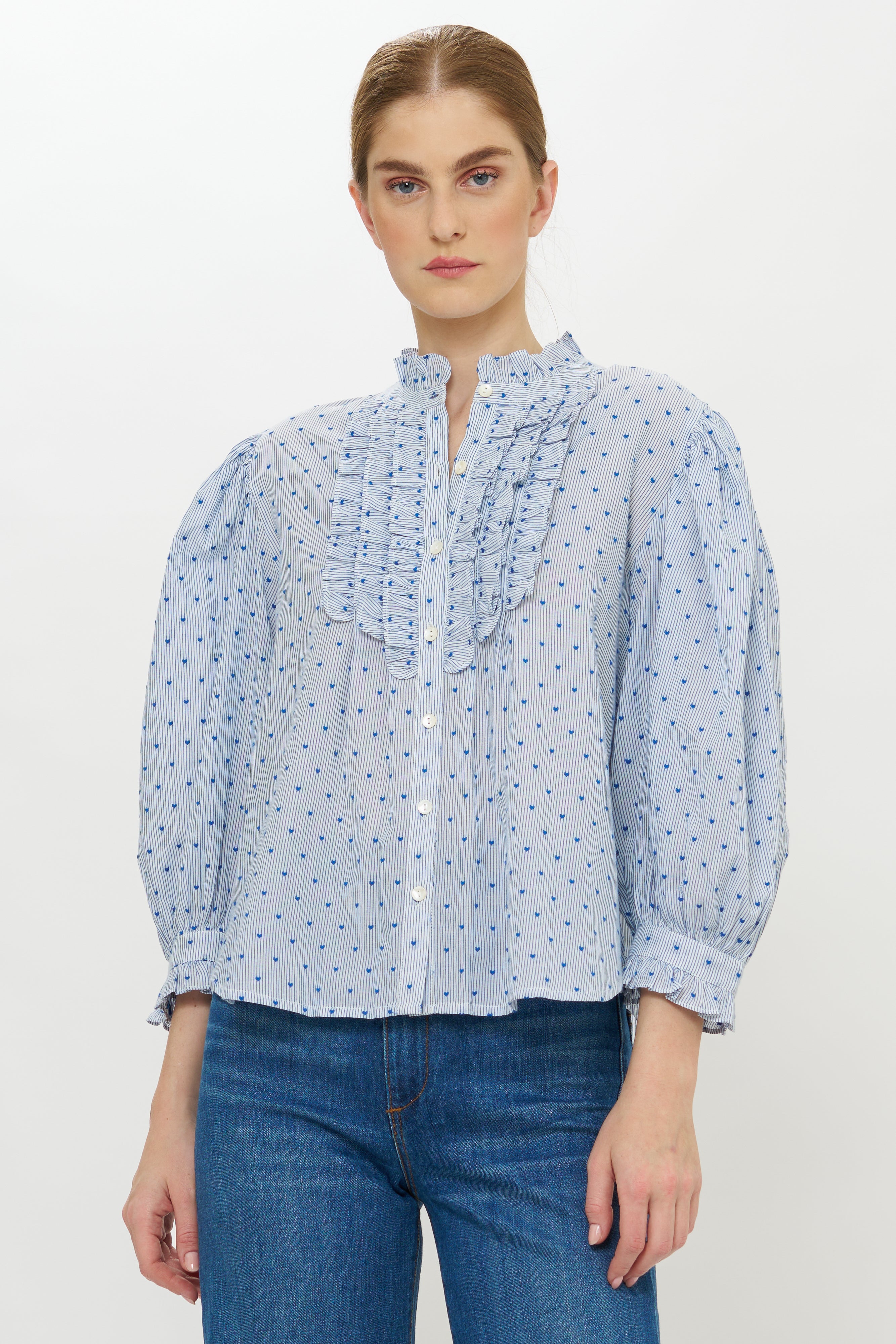 Ruffle Front Button Blouse- Lyon Blue