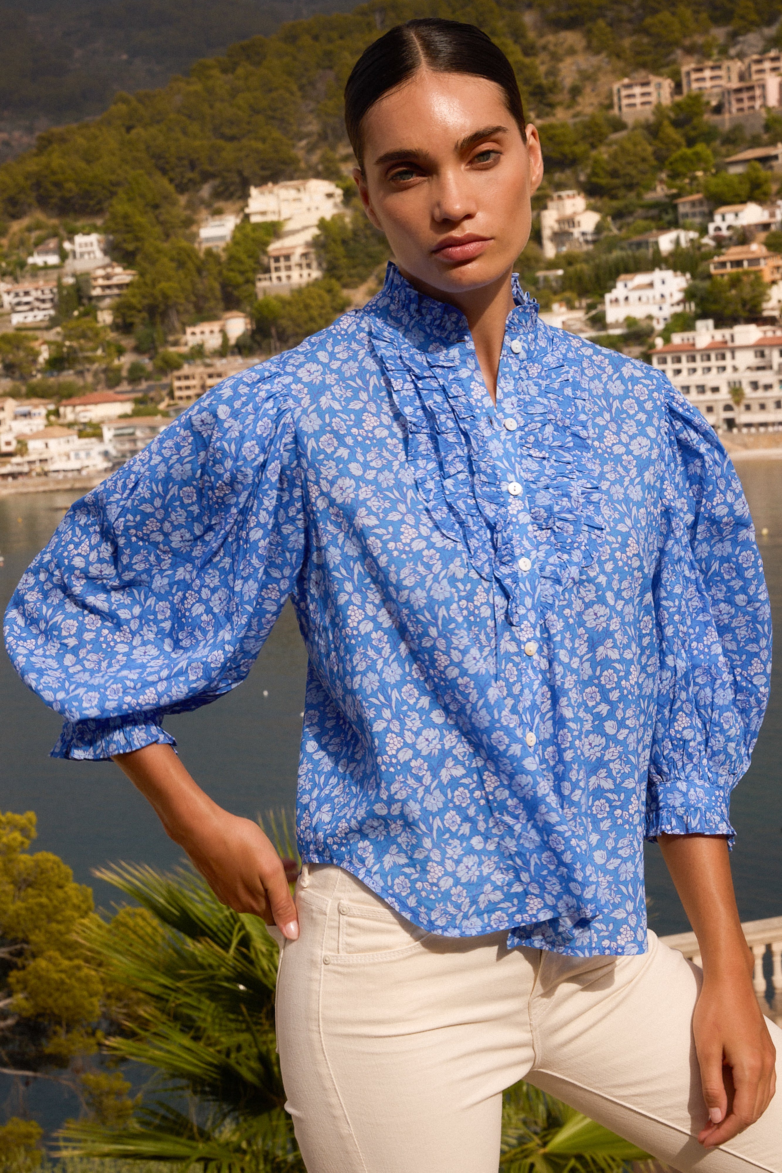 Ruffle Front Button Blouse- Ditsy Blue