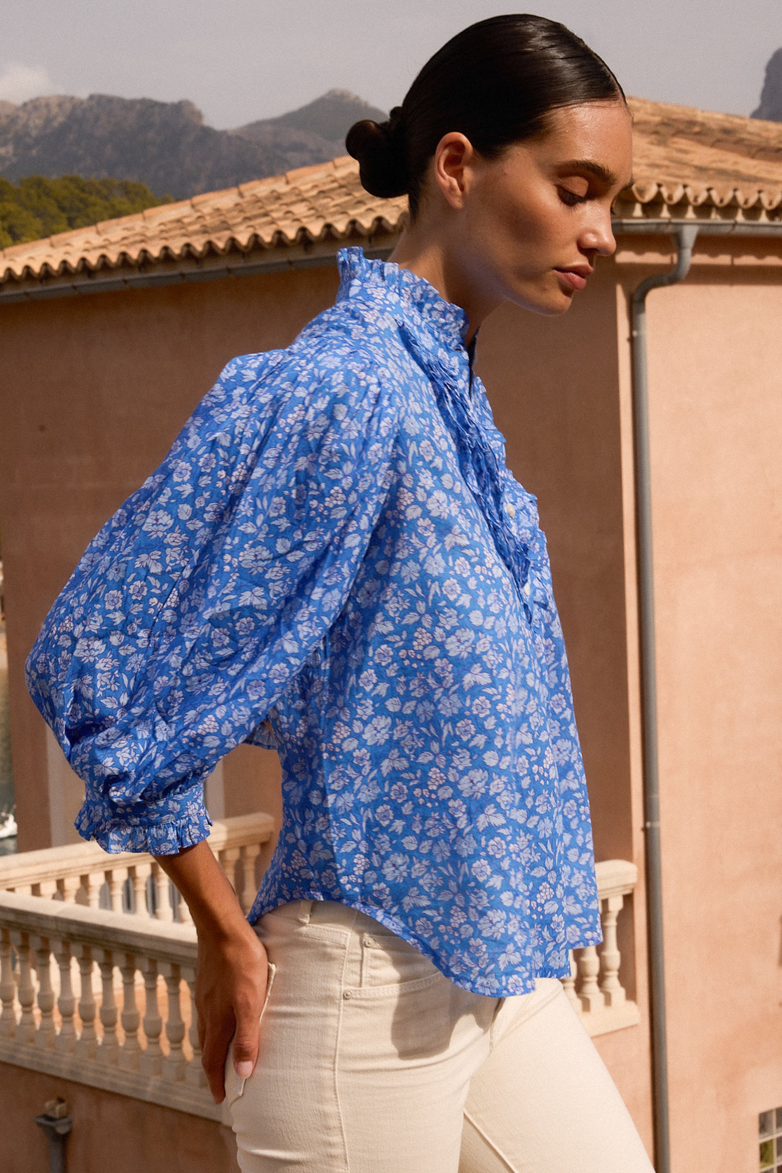 Ruffle Front Button Blouse- Ditsy Blue