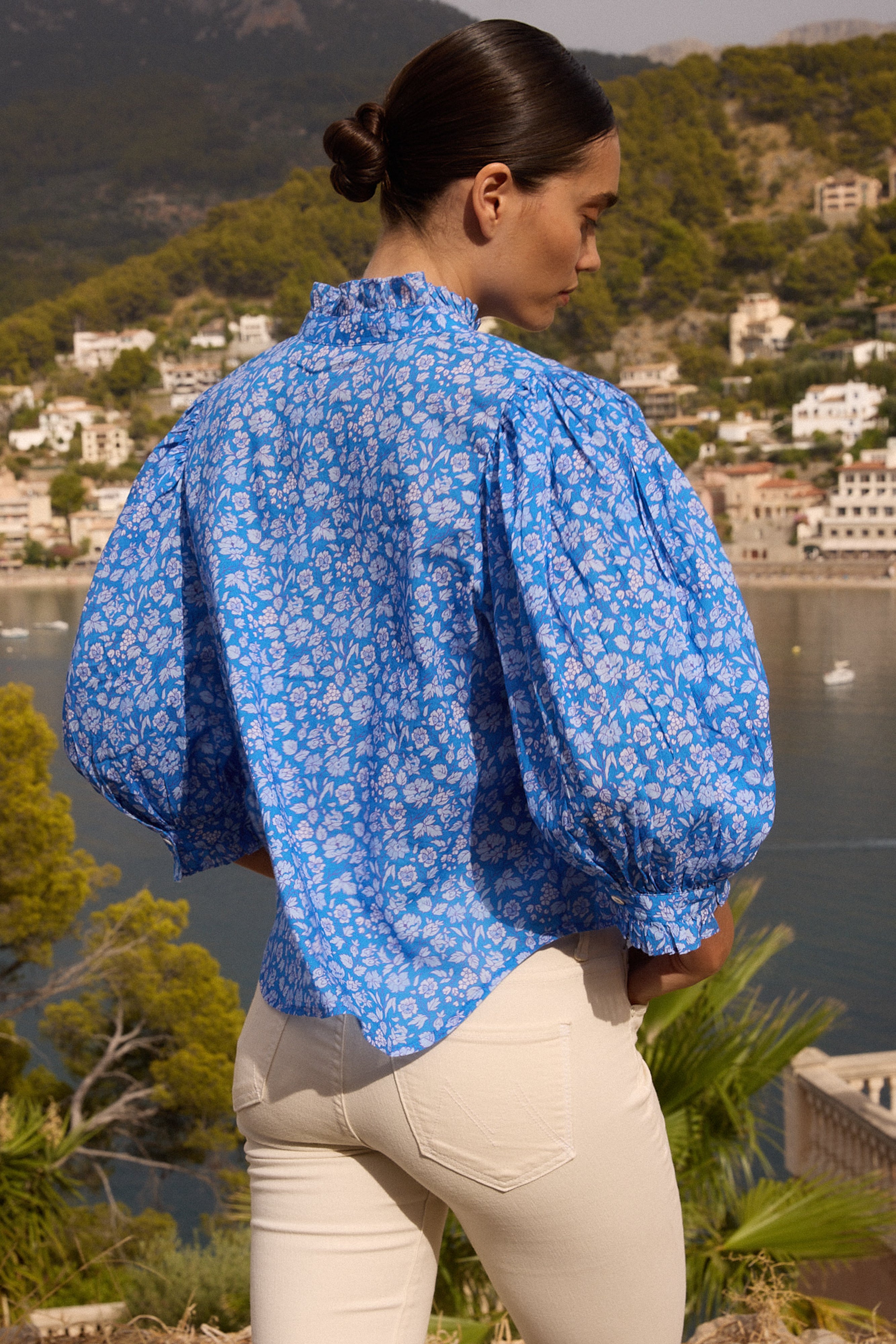 Ruffle Front Button Blouse- Ditsy Blue