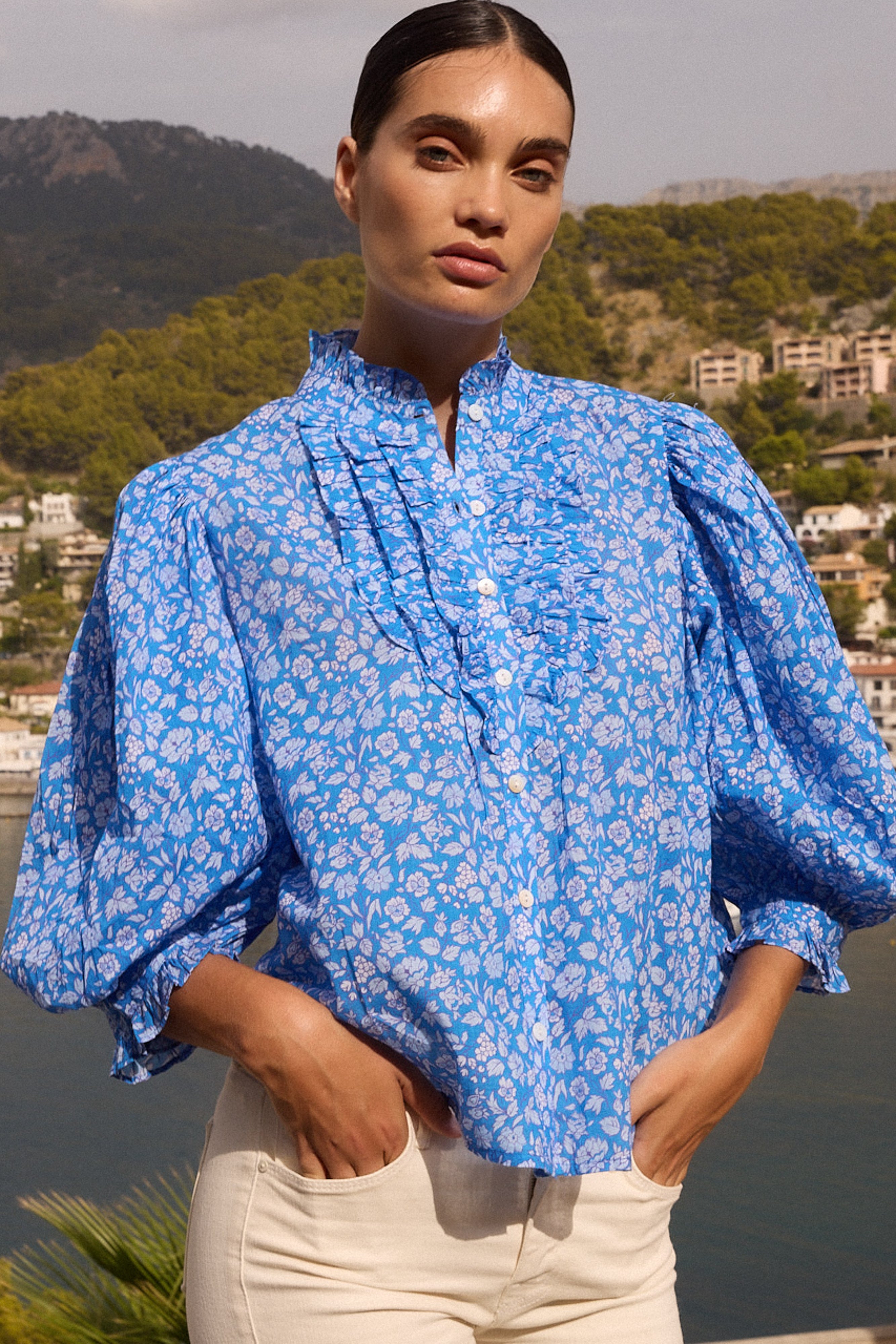 Ruffle Front Button Blouse- Ditsy Blue