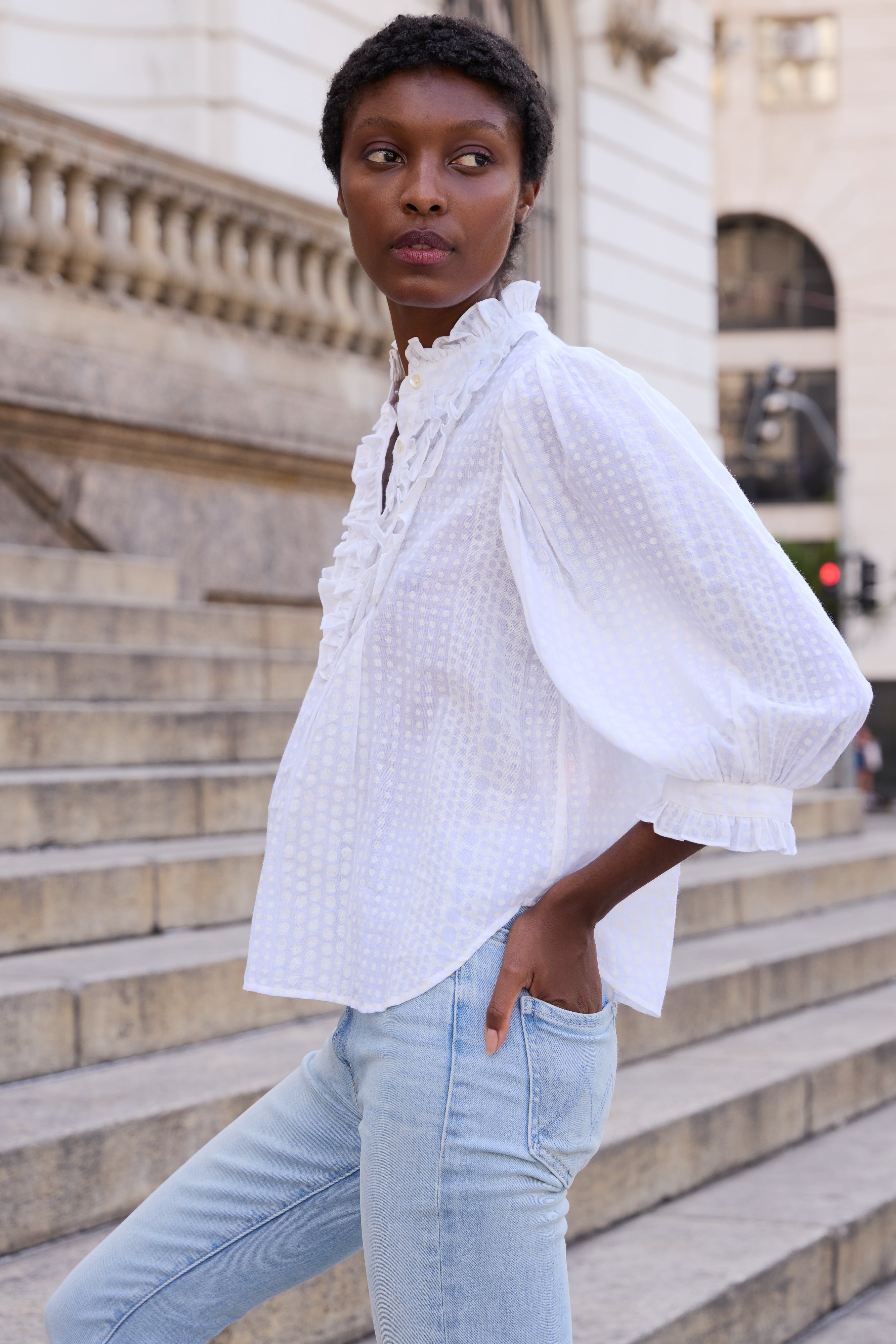 Ruffle Front Button Blouse- Domino White