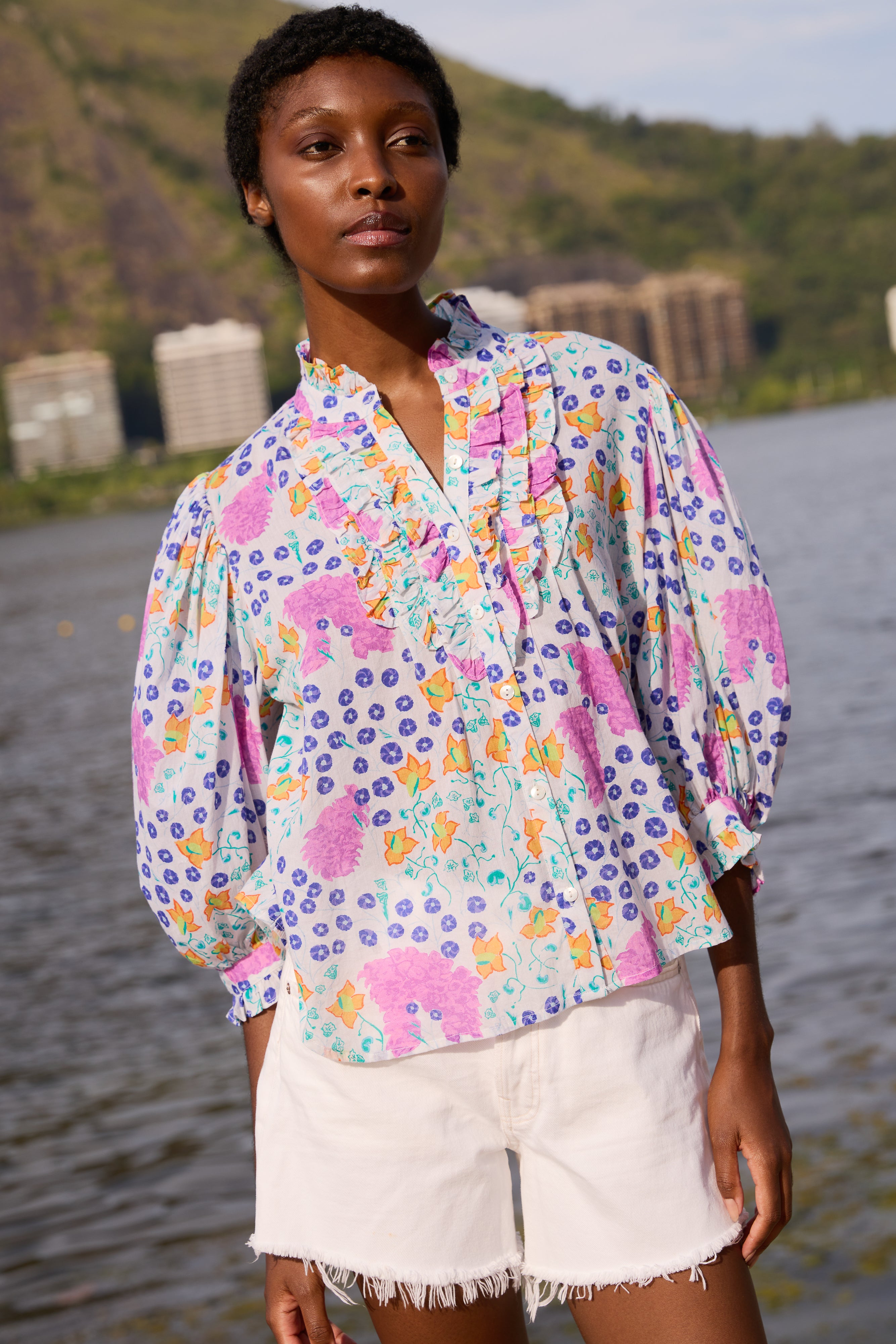 【akiki】TULLE FLOWER BLOUSE Ruffle Front Button Blouse- Fleur Lilac
