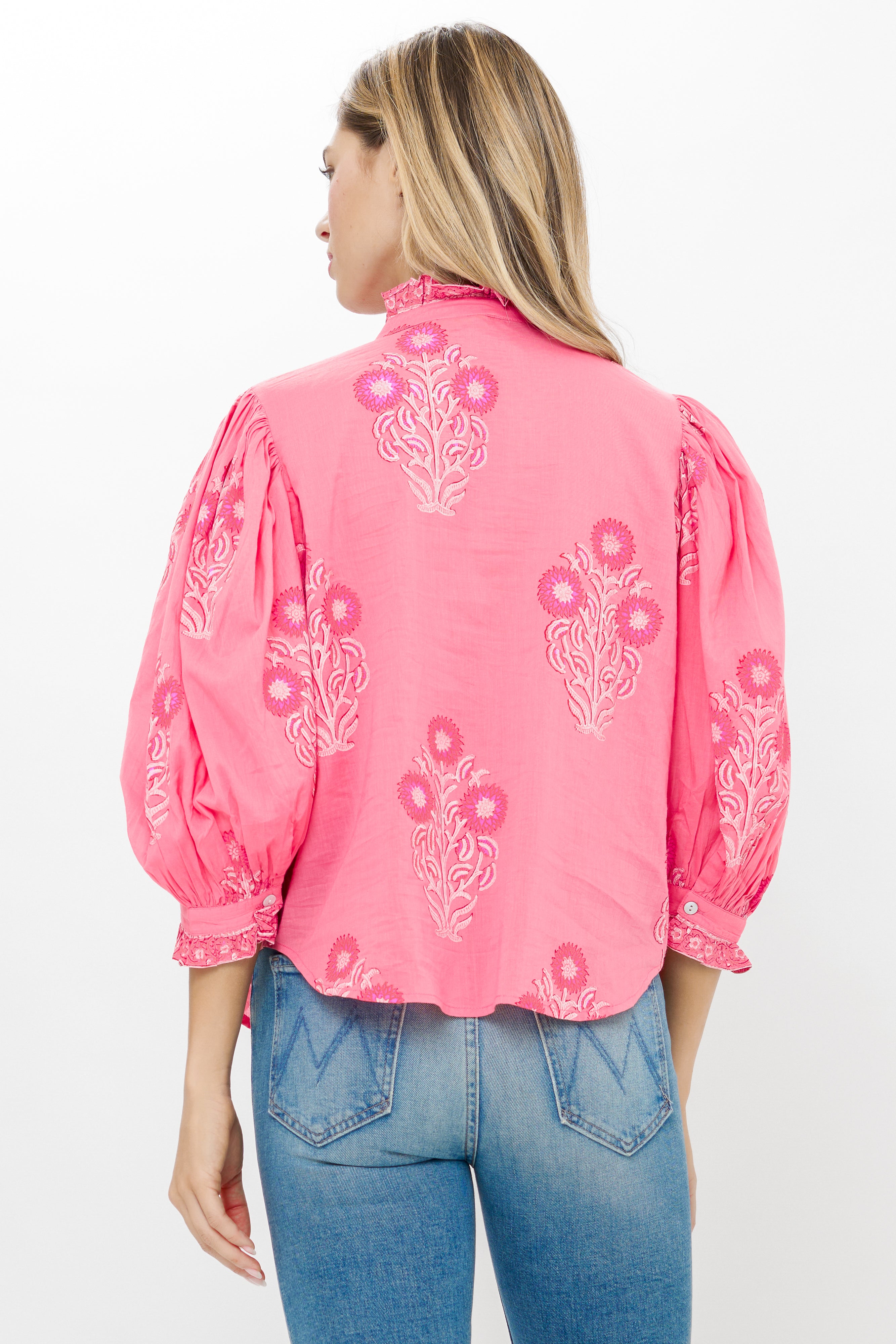 Ruffle Front Button Blouse- Raton Pink