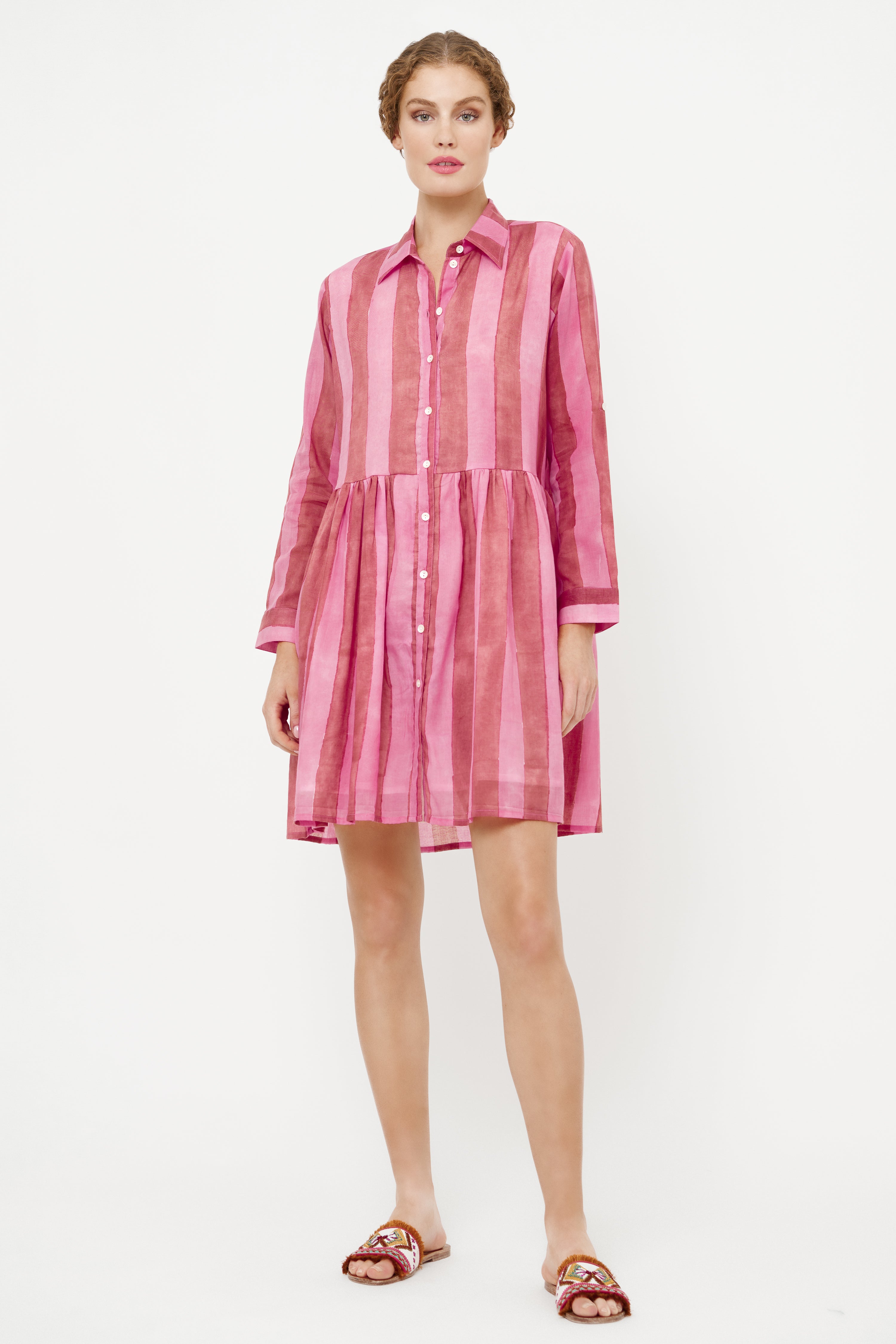 Long Sleeve Shirt Dress Mini- Cabana Rhubarb