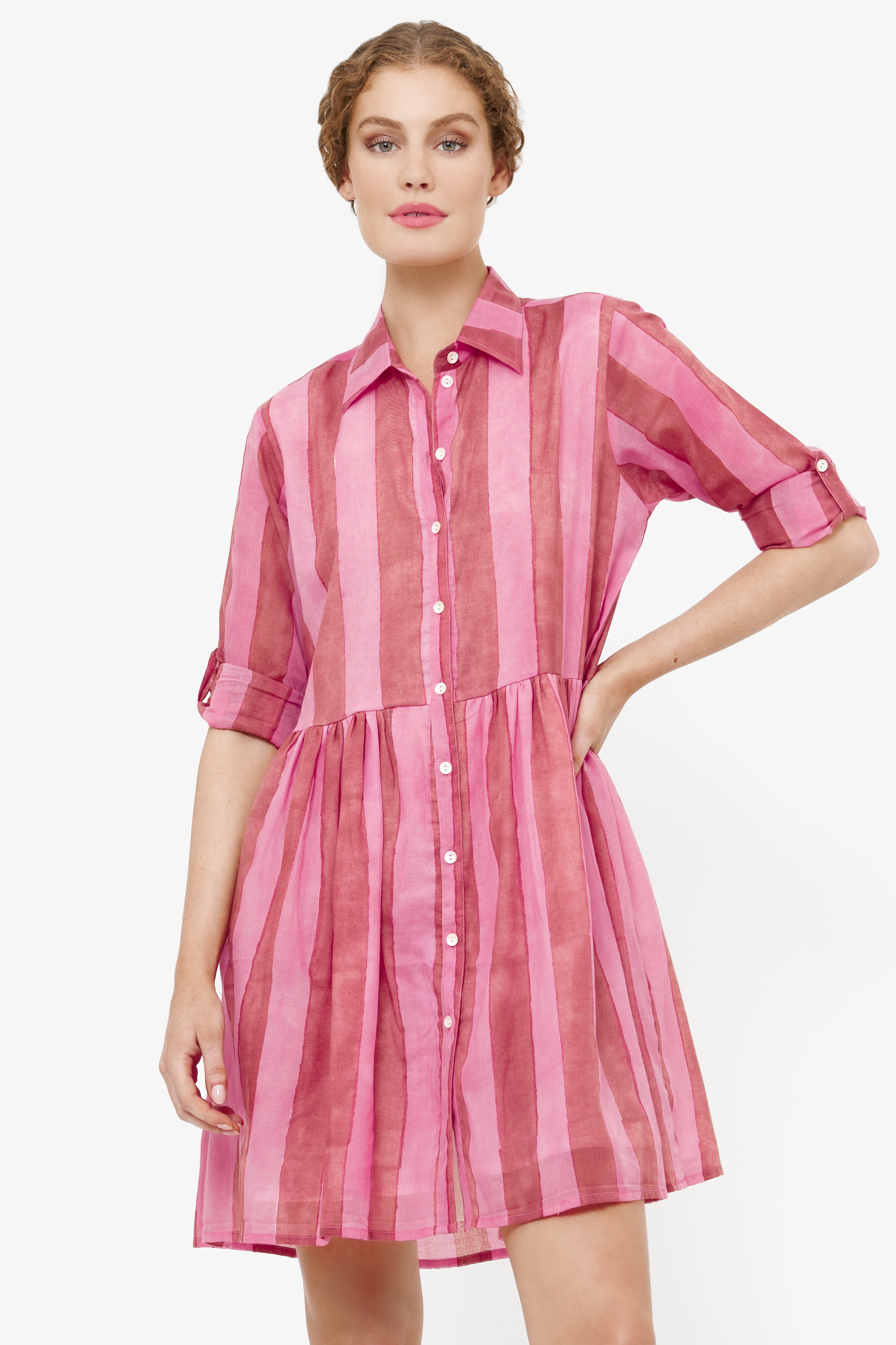 Long Sleeve Shirt Dress Mini- Cabana Rhubarb