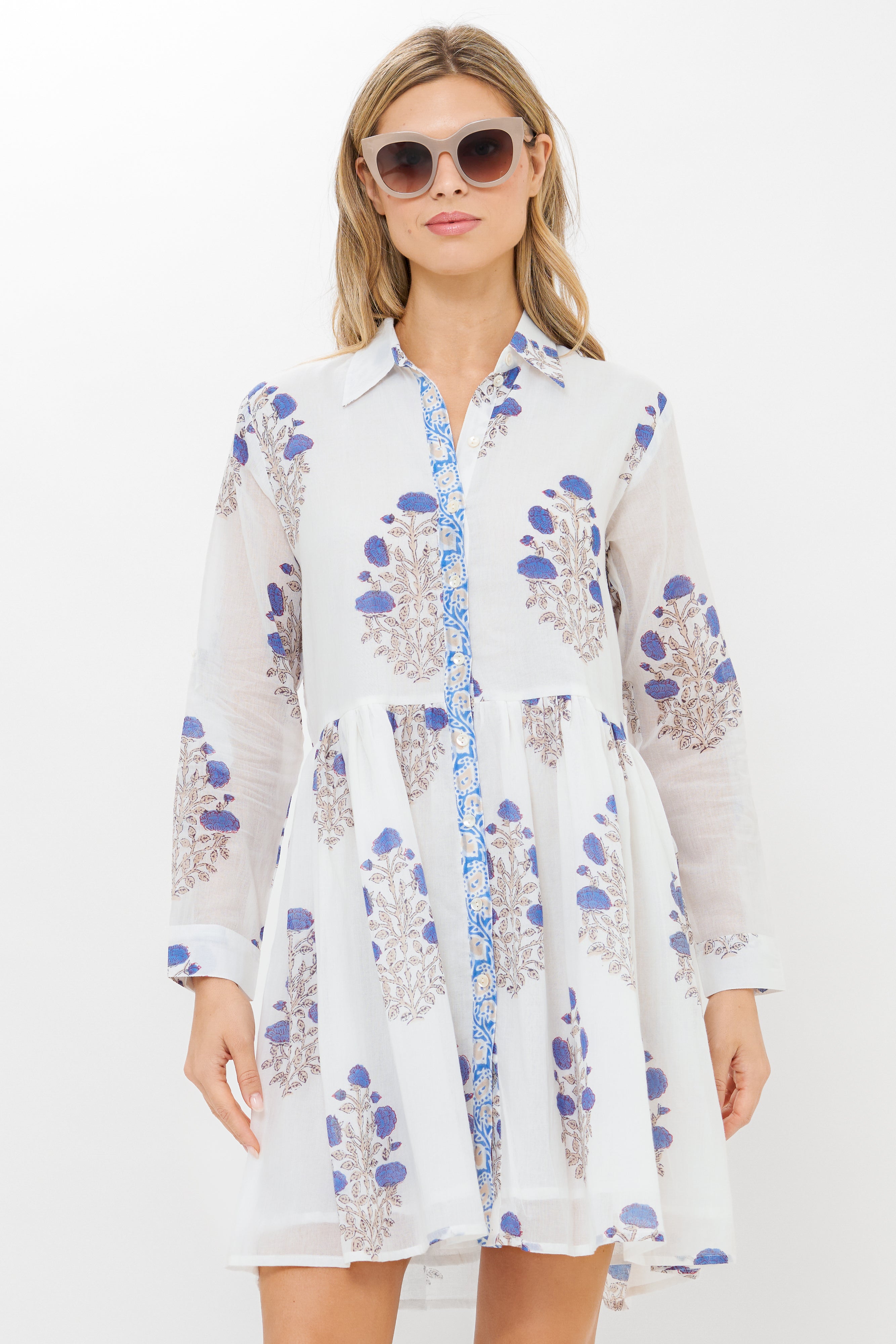 Long Sleeve Shirt Dress Mini- Laguna Blue