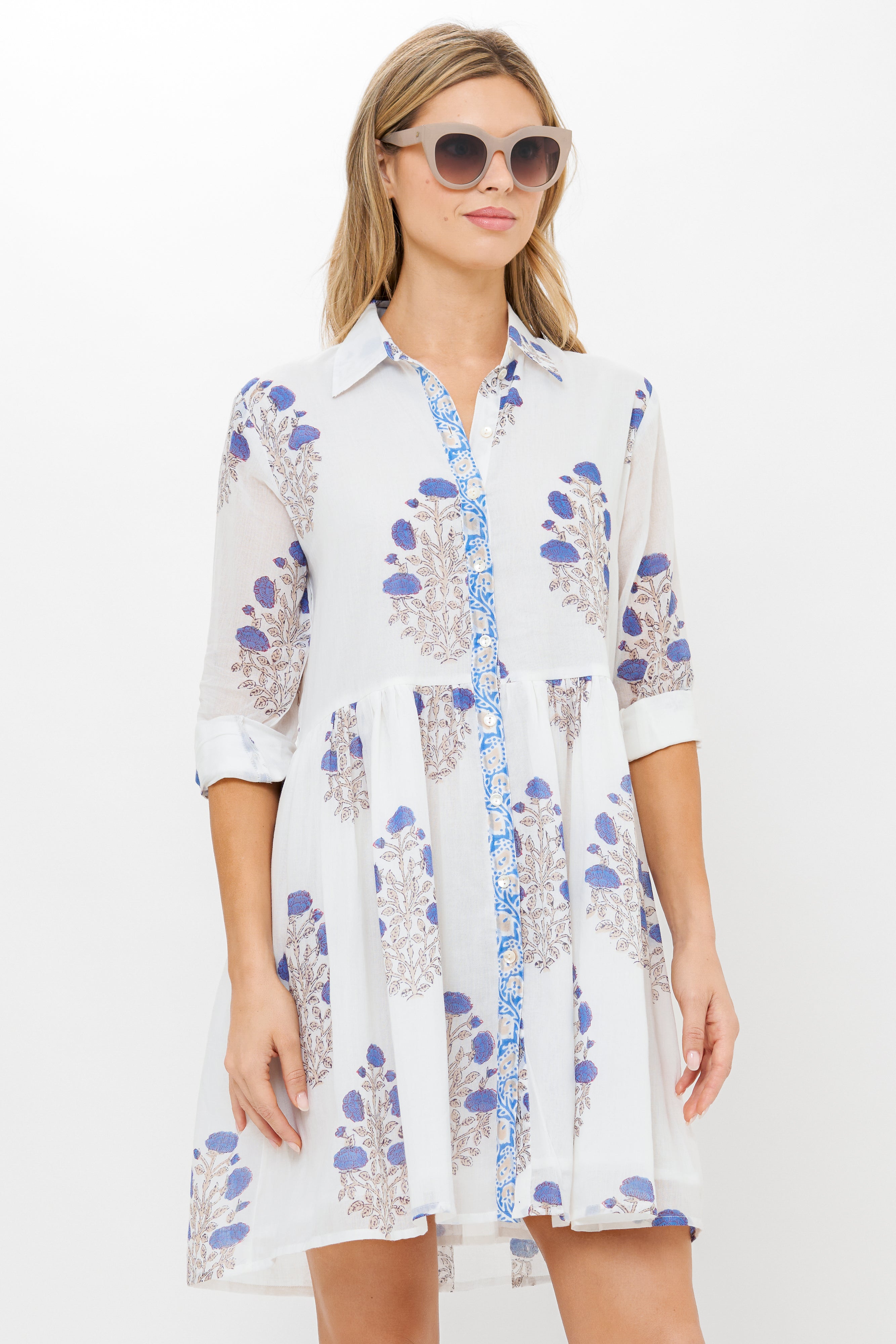 Long Sleeve Shirt Dress Mini- Laguna Blue