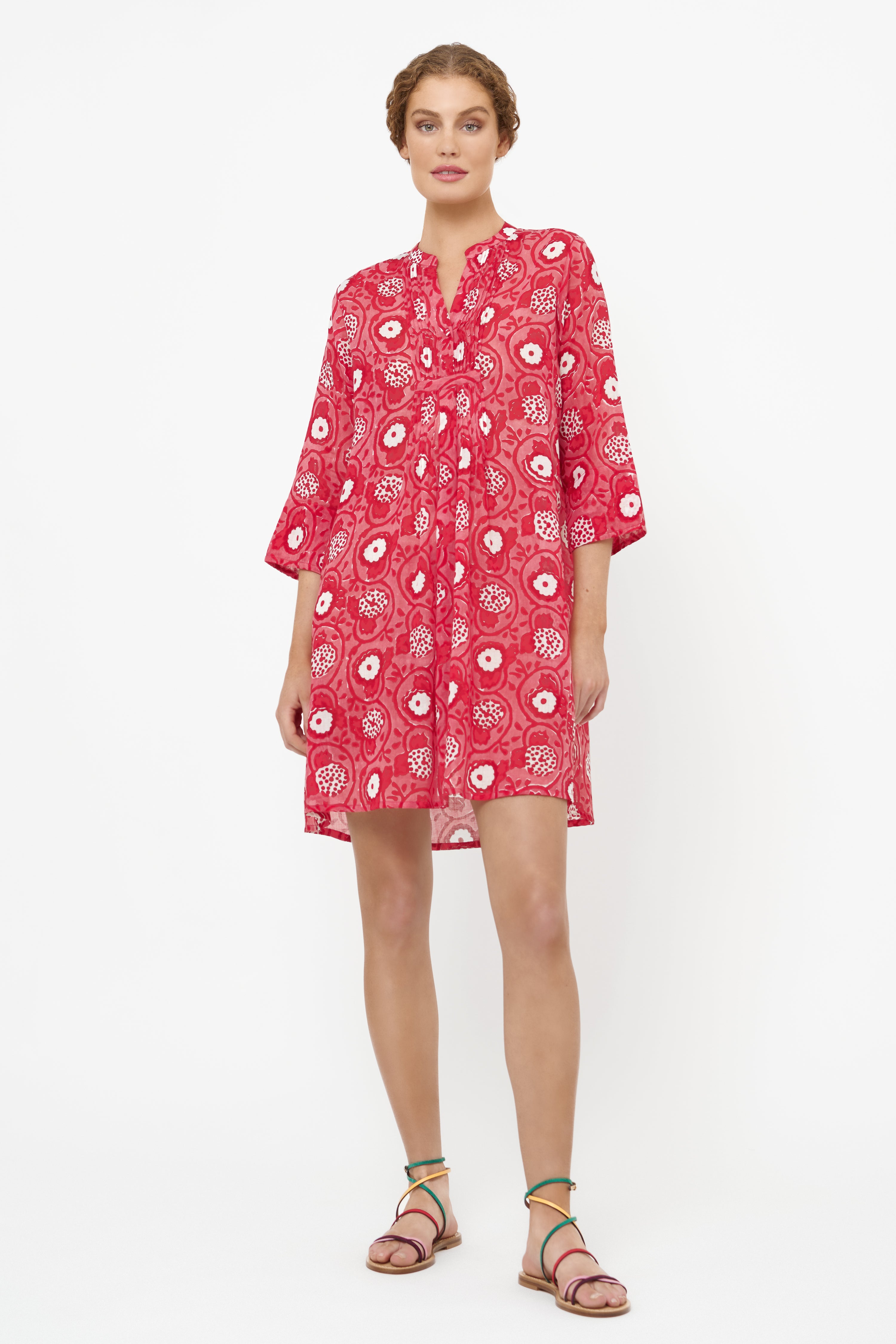 3/4 Sleeve Pintuck Dress- Ambrosia Red