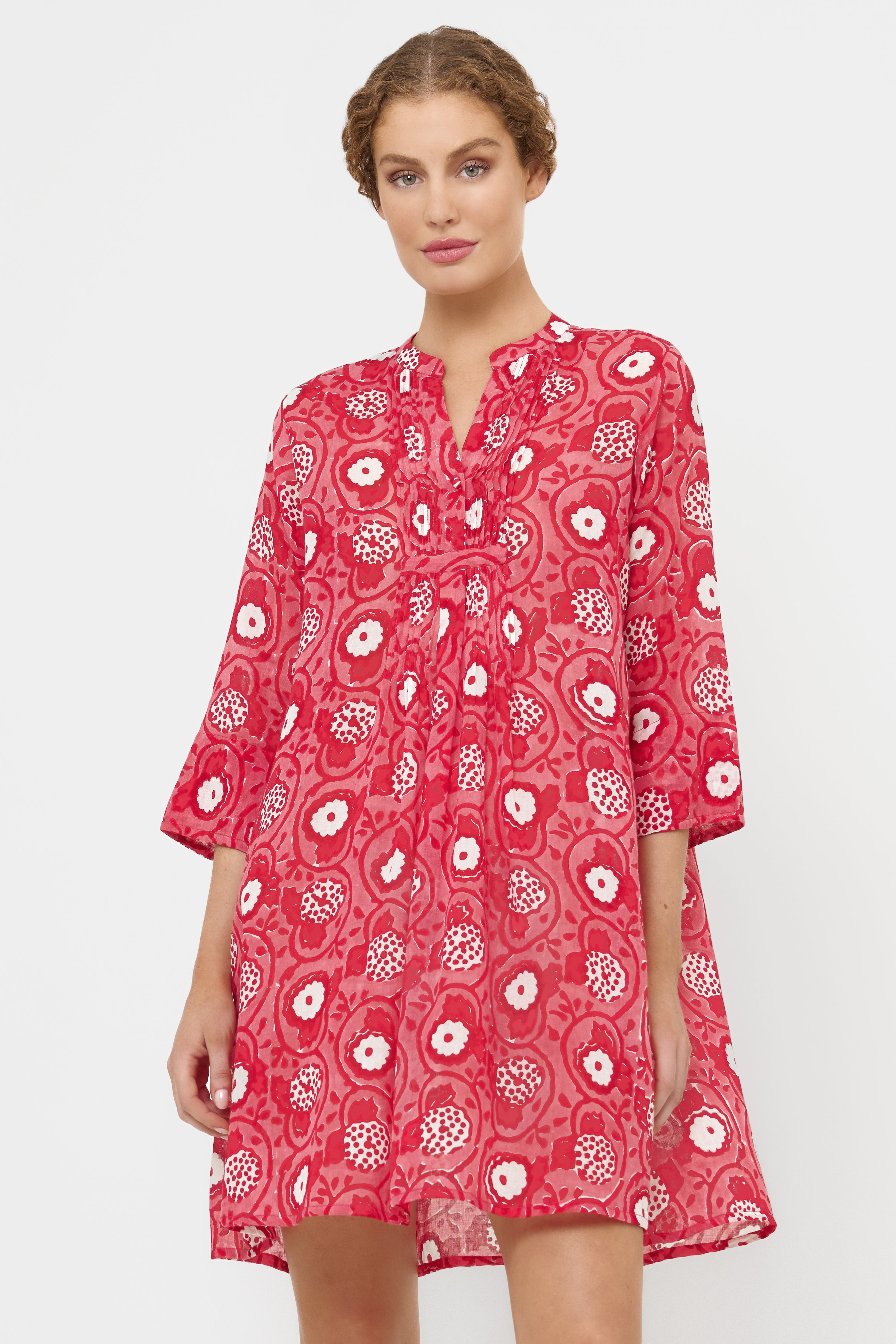 3/4 Sleeve Pintuck Dress- Ambrosia Red