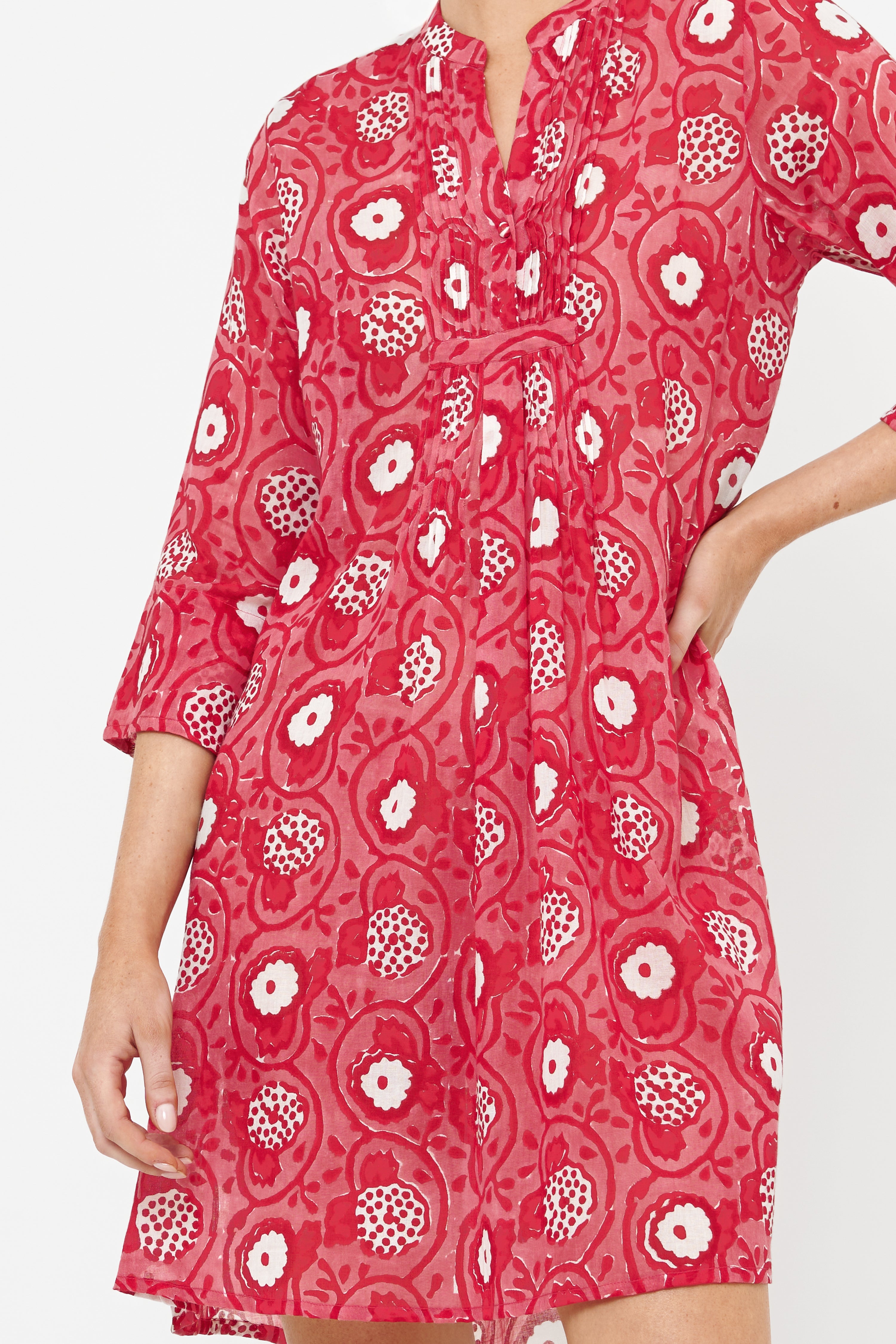 3/4 Sleeve Pintuck Dress- Ambrosia Red