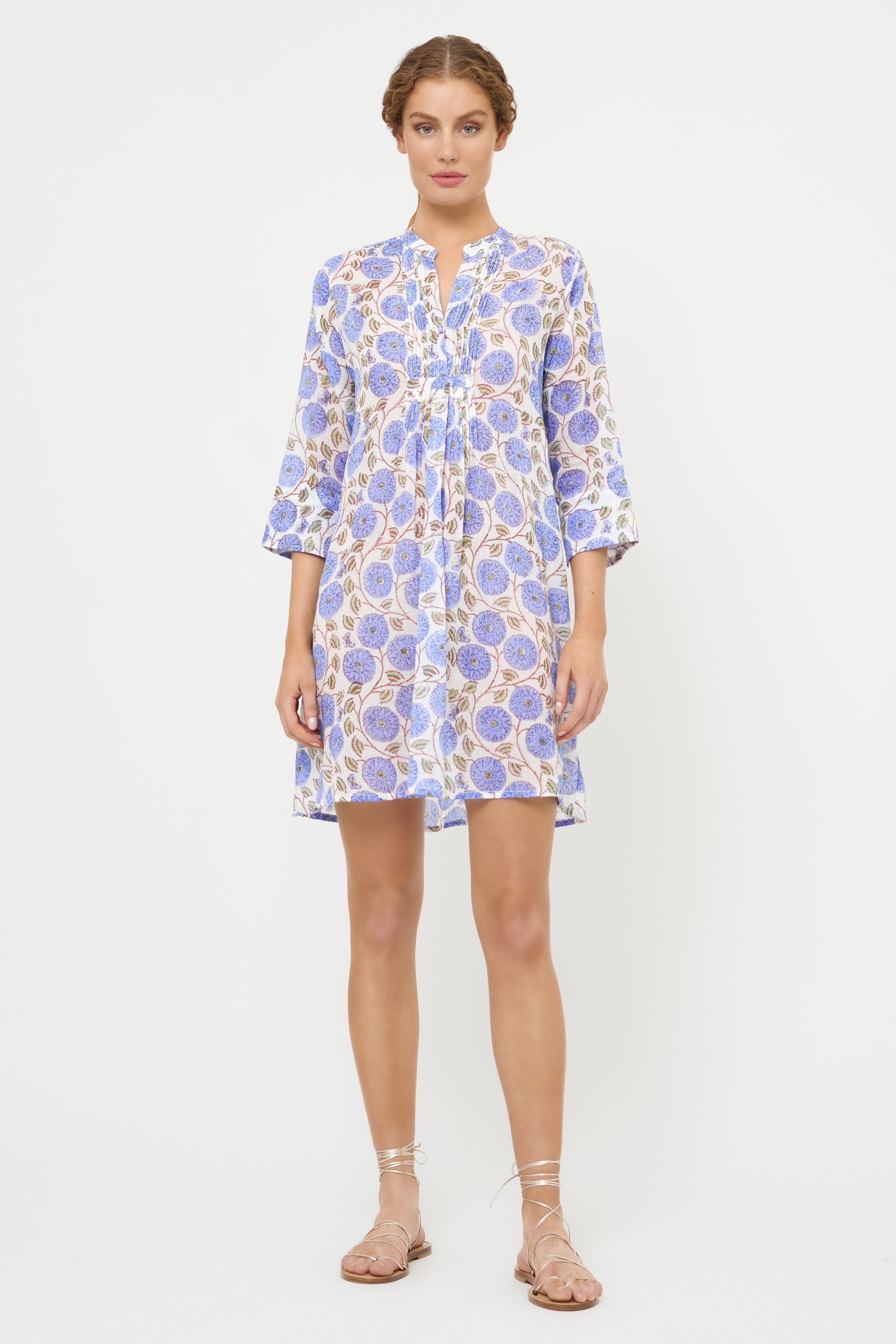 3/4 Sleeve Pintuck Dress- Monarch Blue