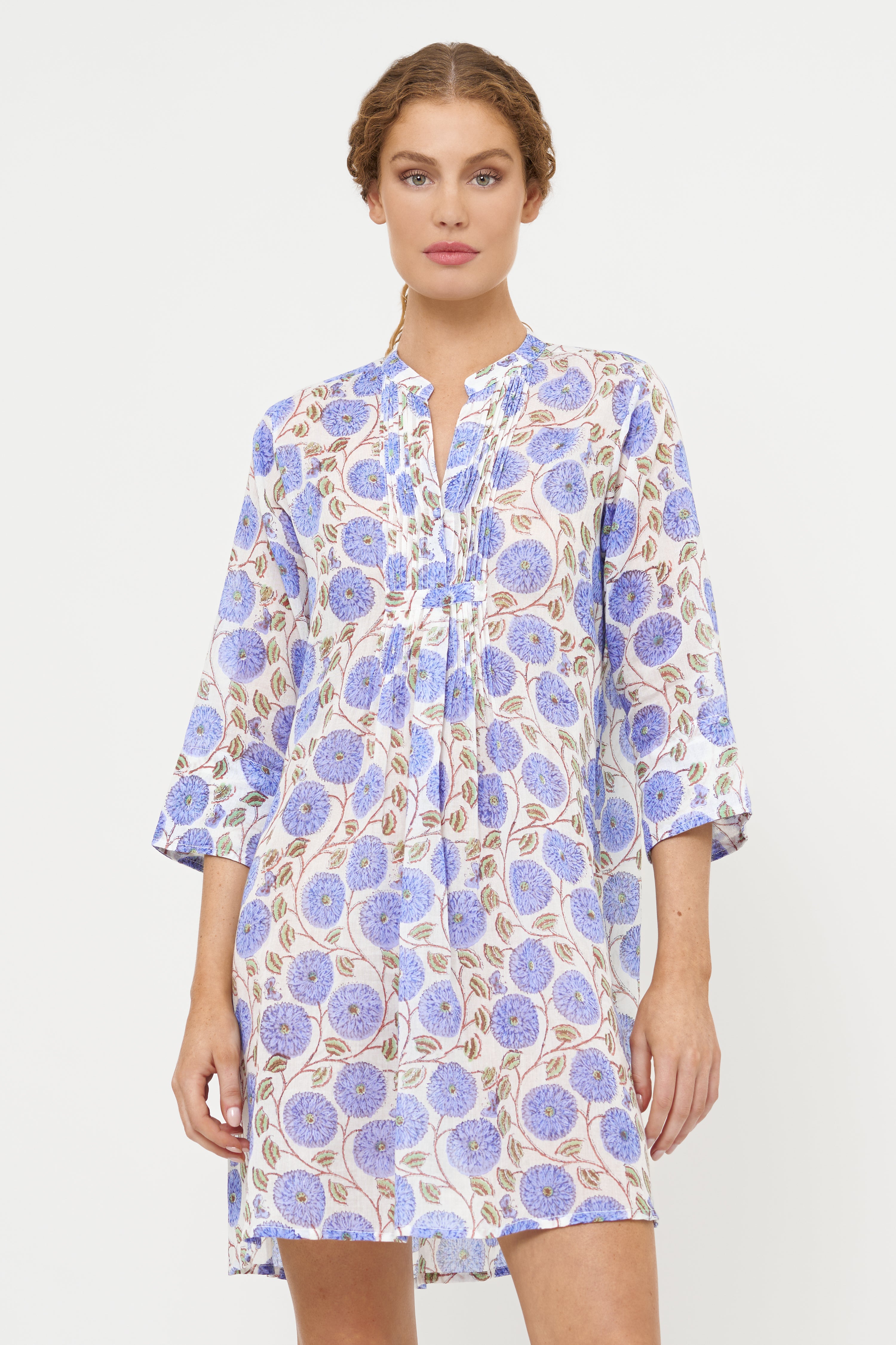 3/4 Sleeve Pintuck Dress- Monarch Blue