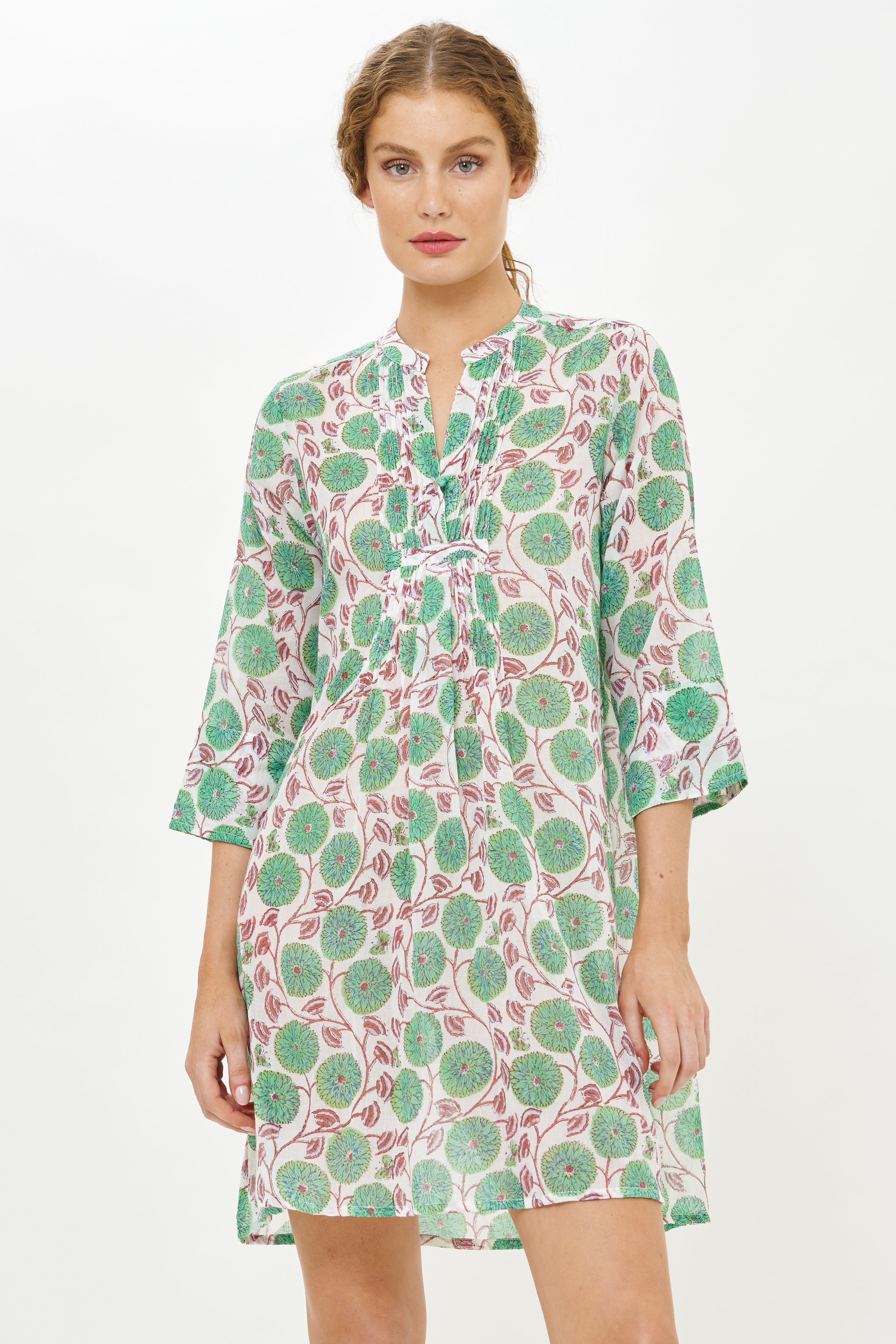3/4 Sleeve Pintuck Dress- Monarch Green