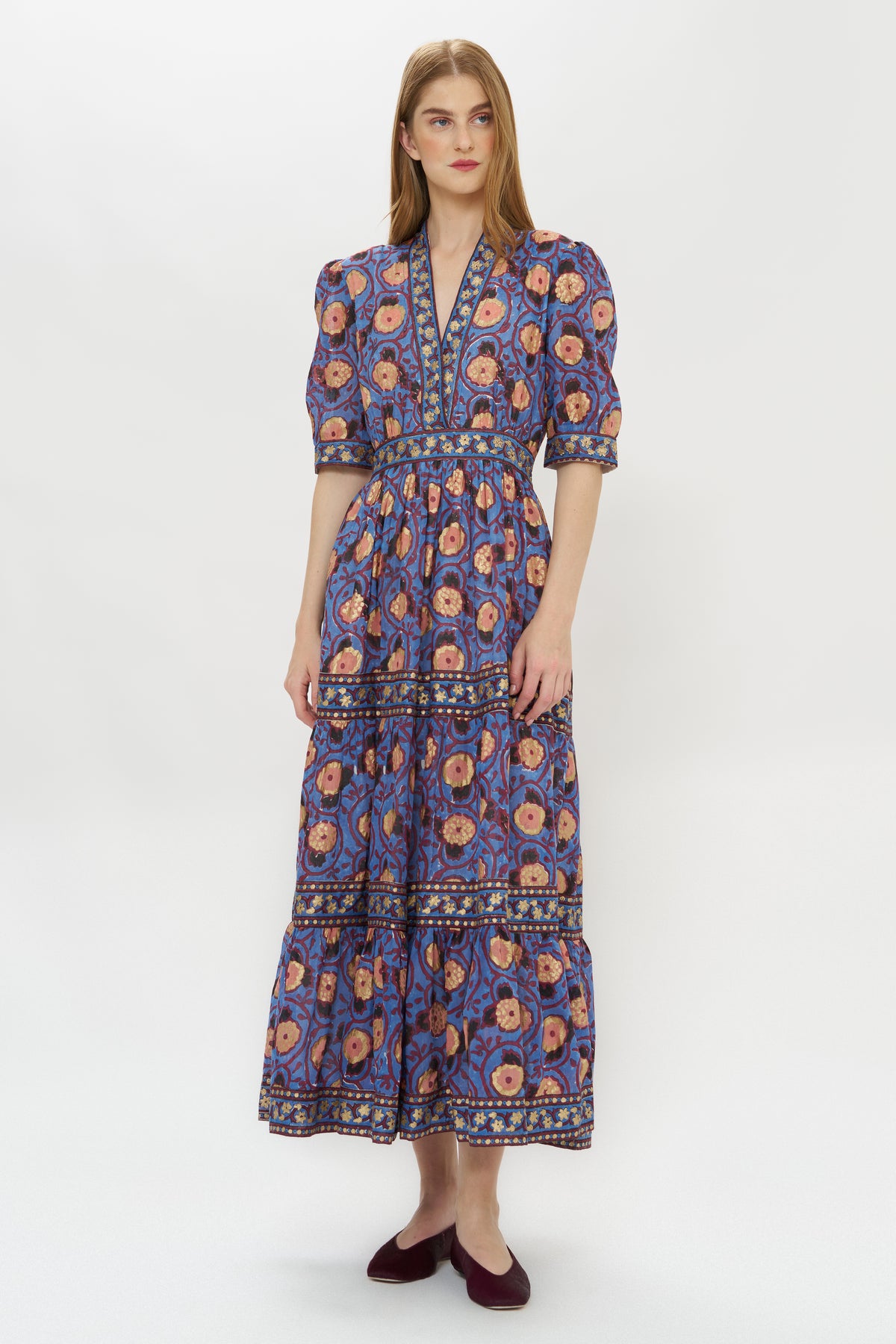 V-Neck Cuffed Maxi- Verona Blue