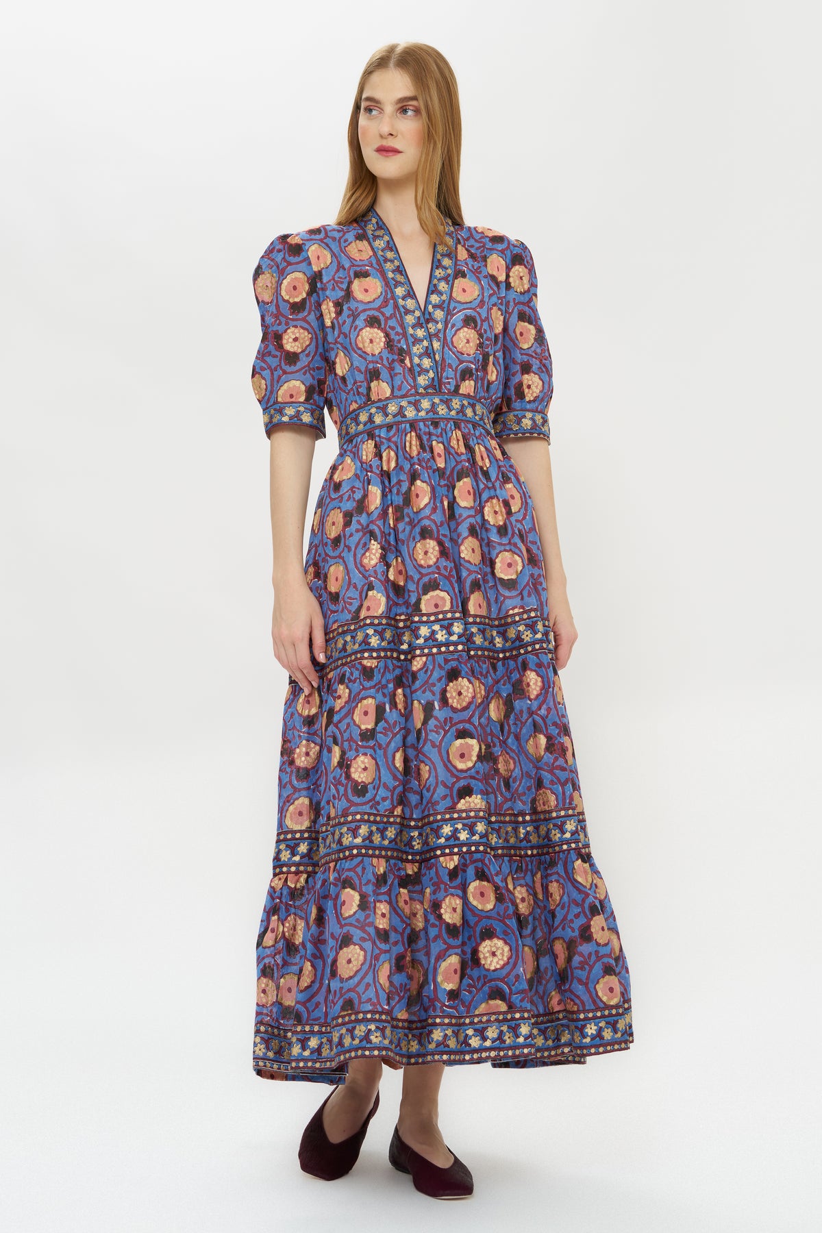 V-Neck Cuffed Maxi- Verona Blue
