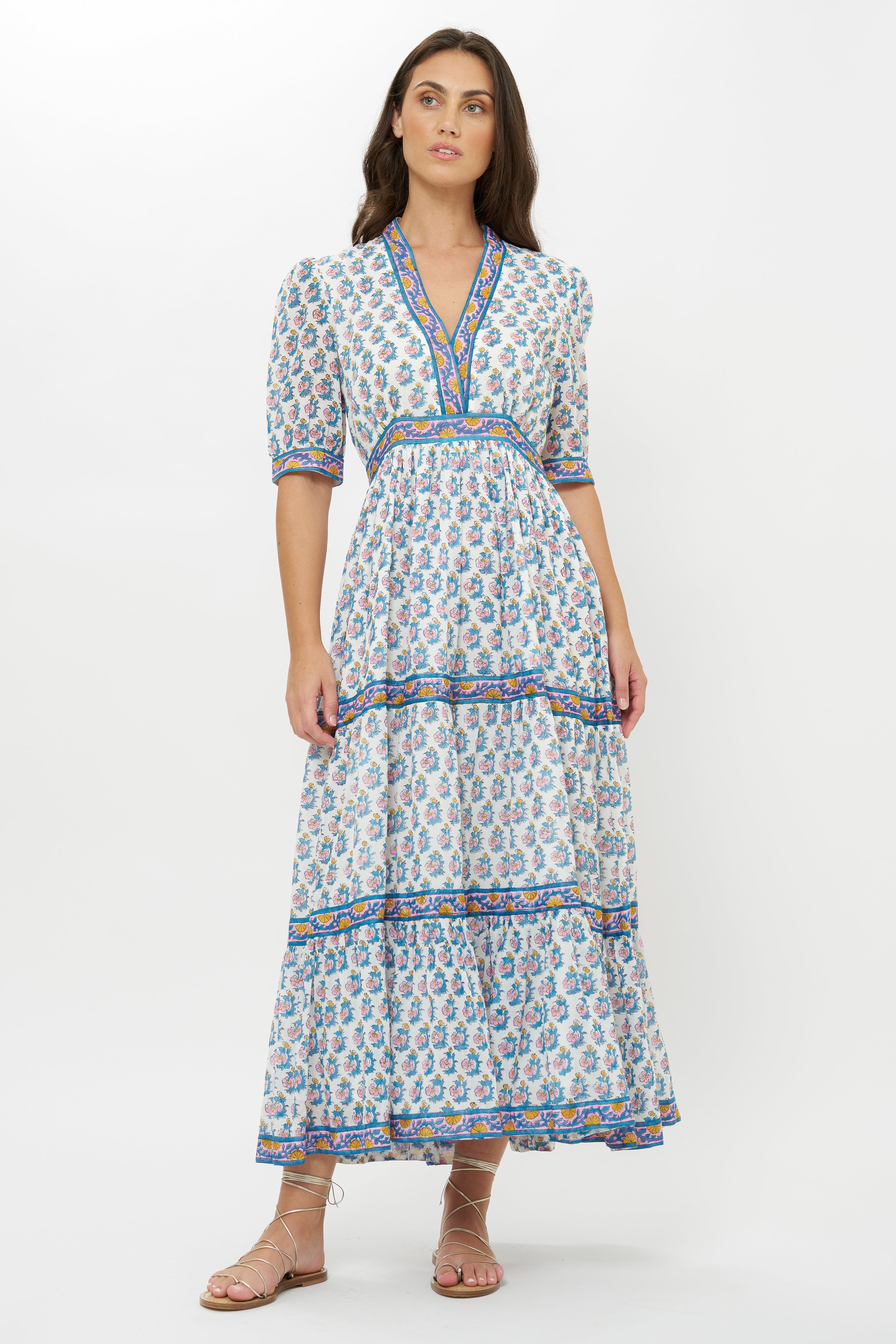 V-Neck Cuffed Maxi- Crocus Blue