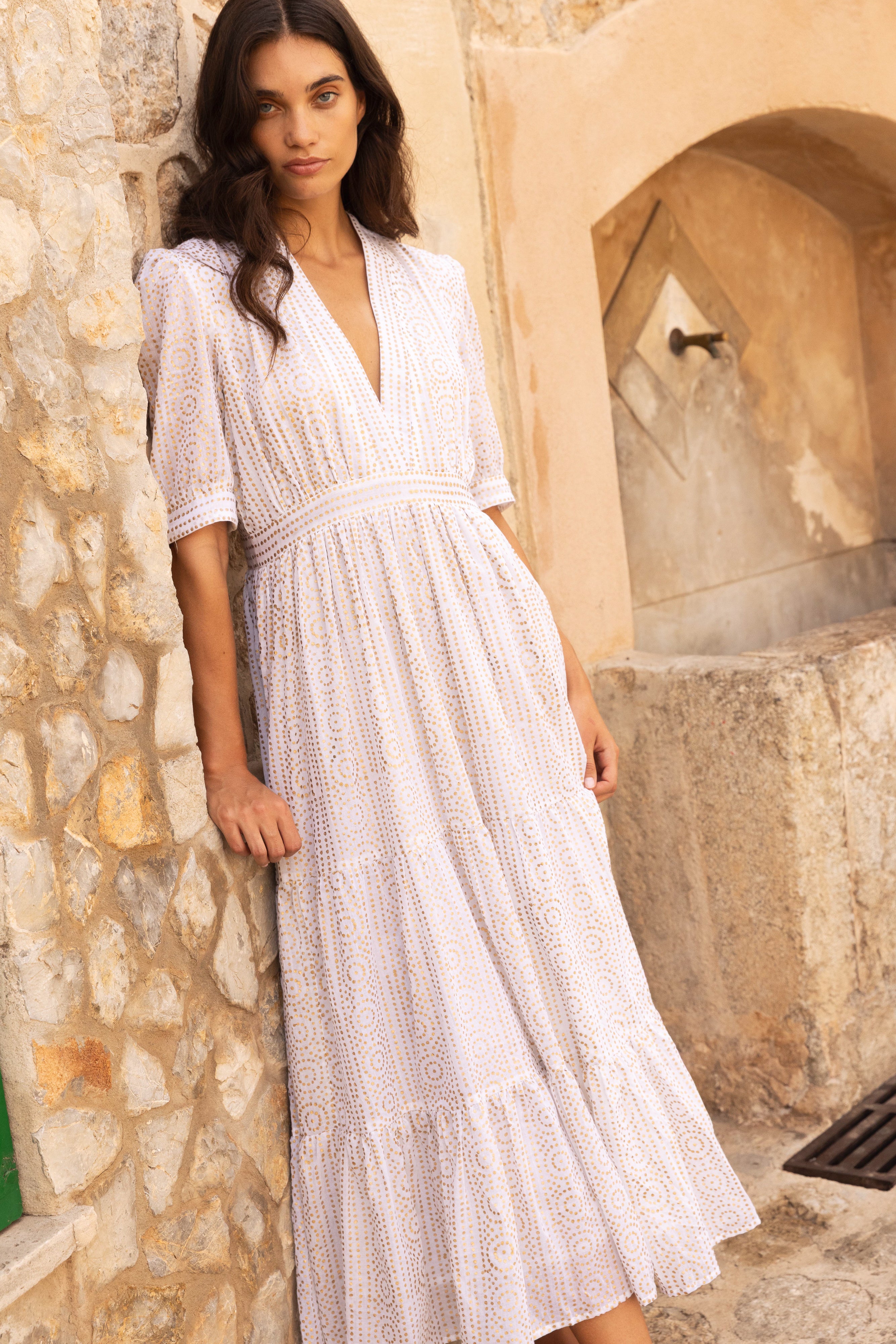 V-Neck Cuffed Maxi- Helene Cream Gold