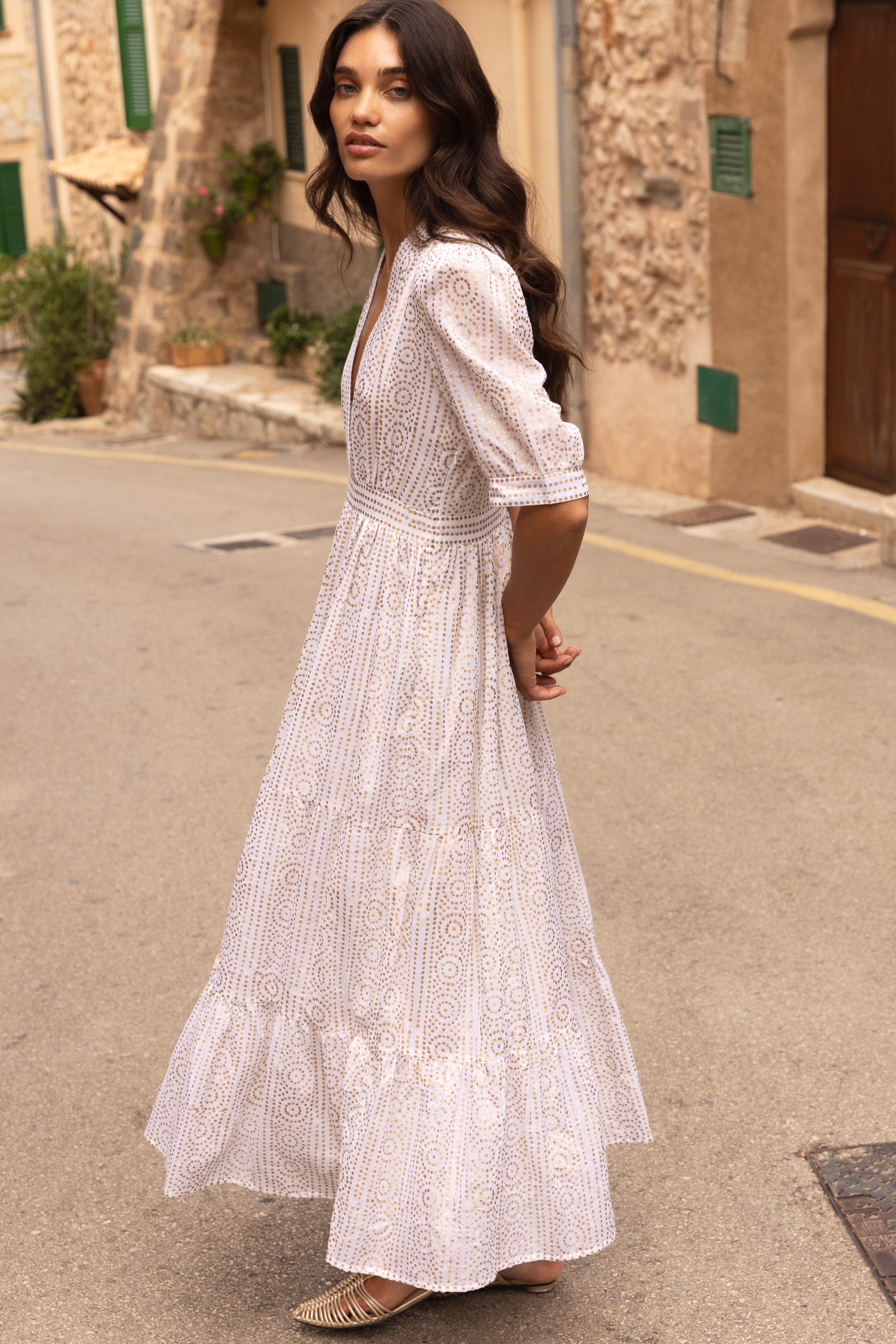 V-Neck Cuffed Maxi- Helene Cream Gold