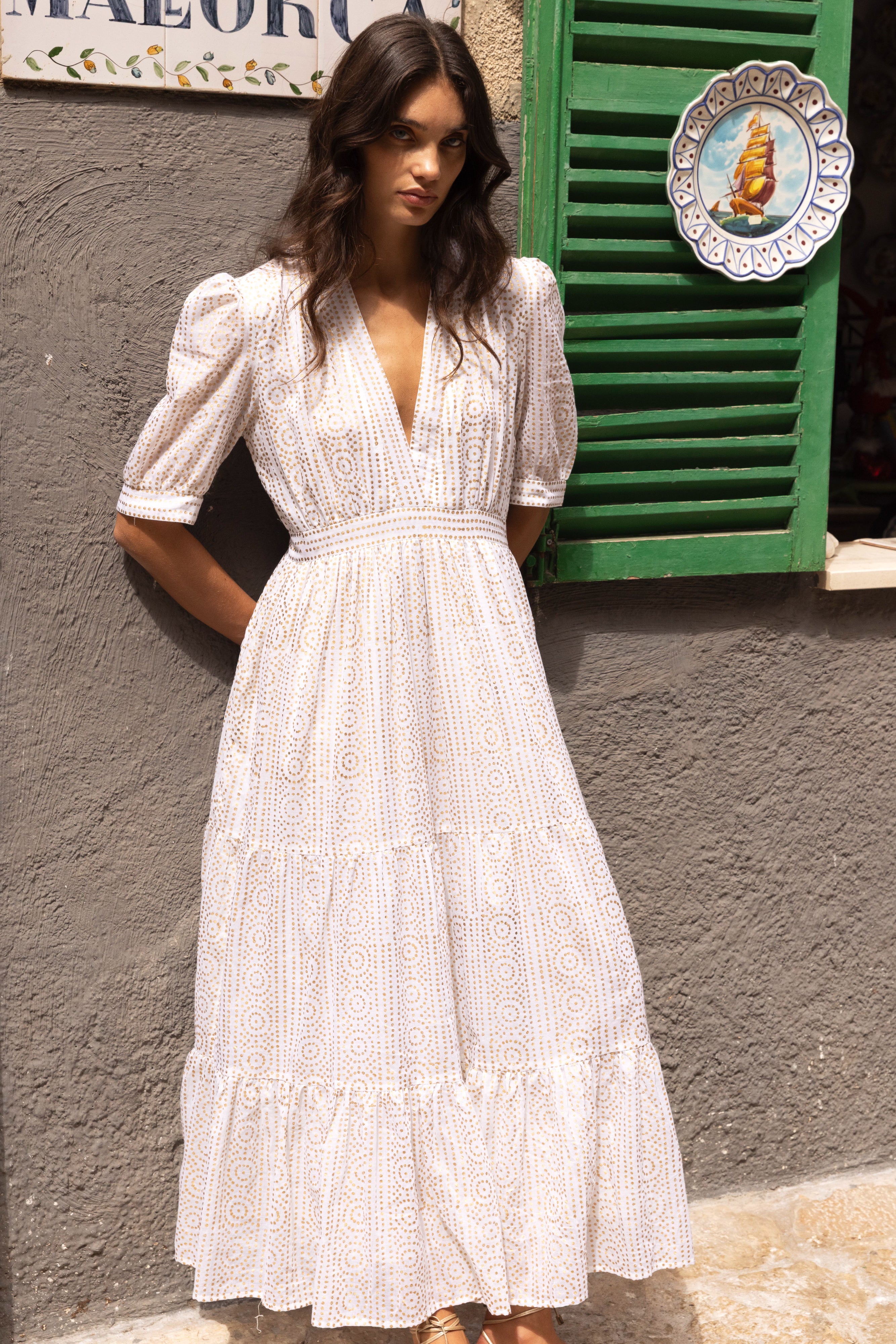 V-Neck Cuffed Maxi- Helene Cream Gold