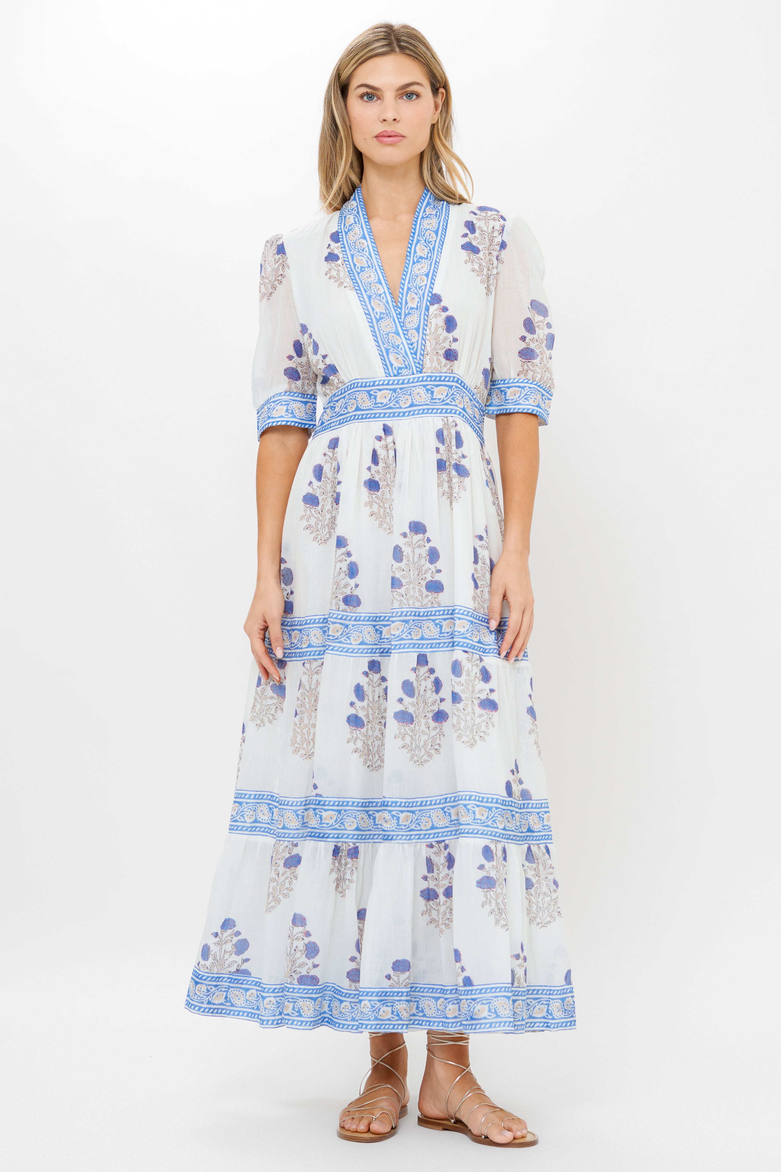 V-Neck Cuffed Maxi- Laguna Blue
