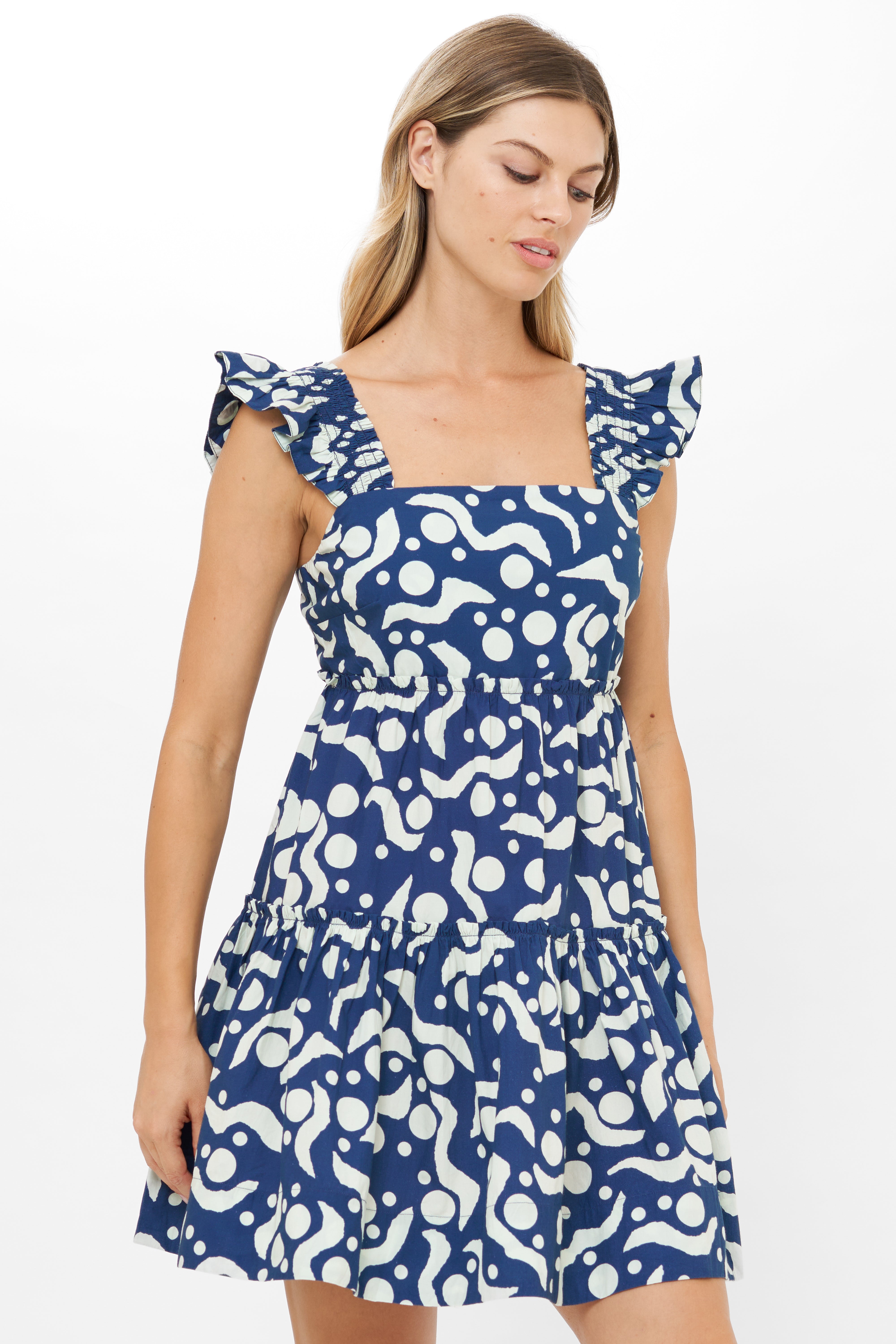 Smocked Square Neck Mini- Acadia Navy