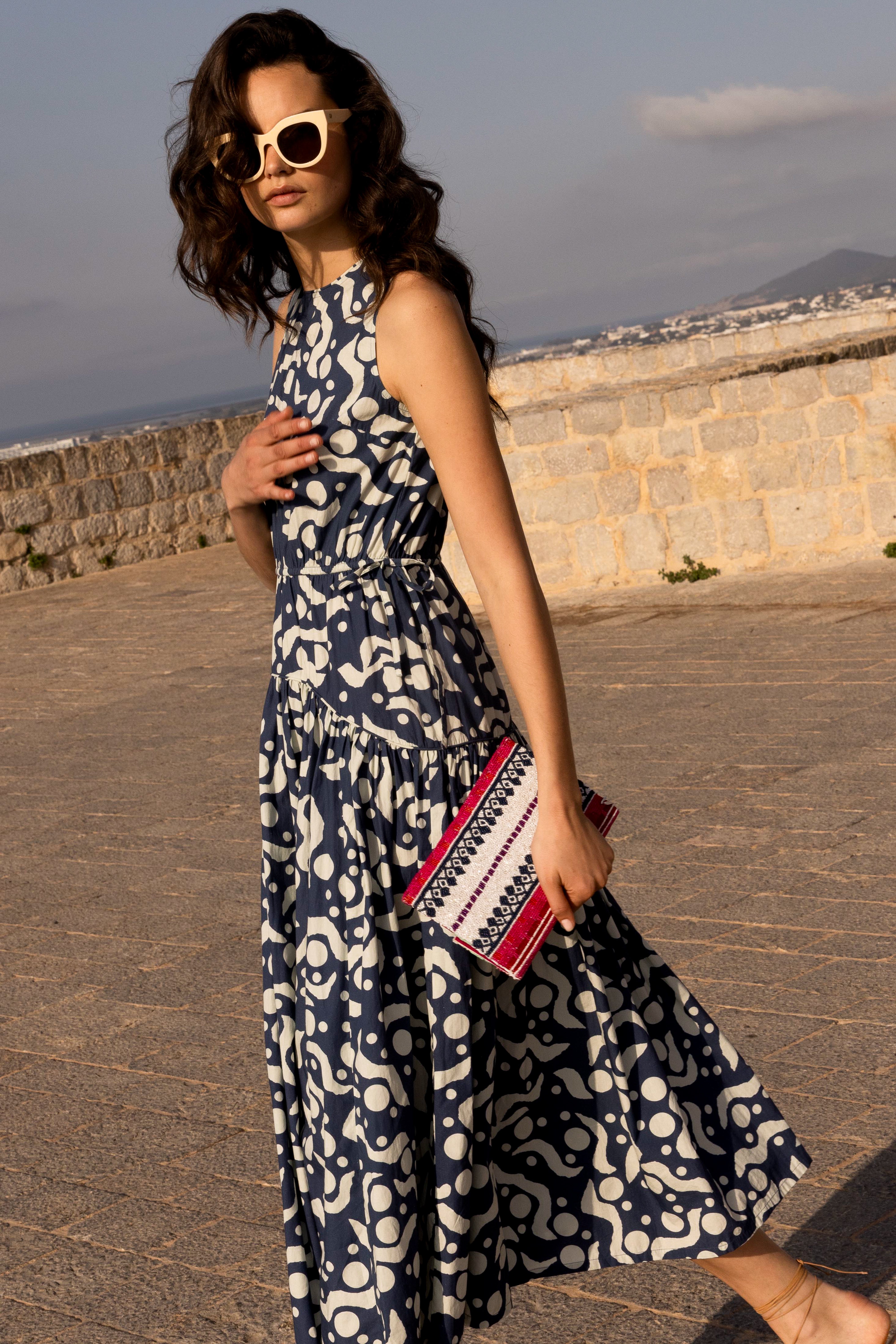 Sleeveless Piped Maxi- Acadia Navy