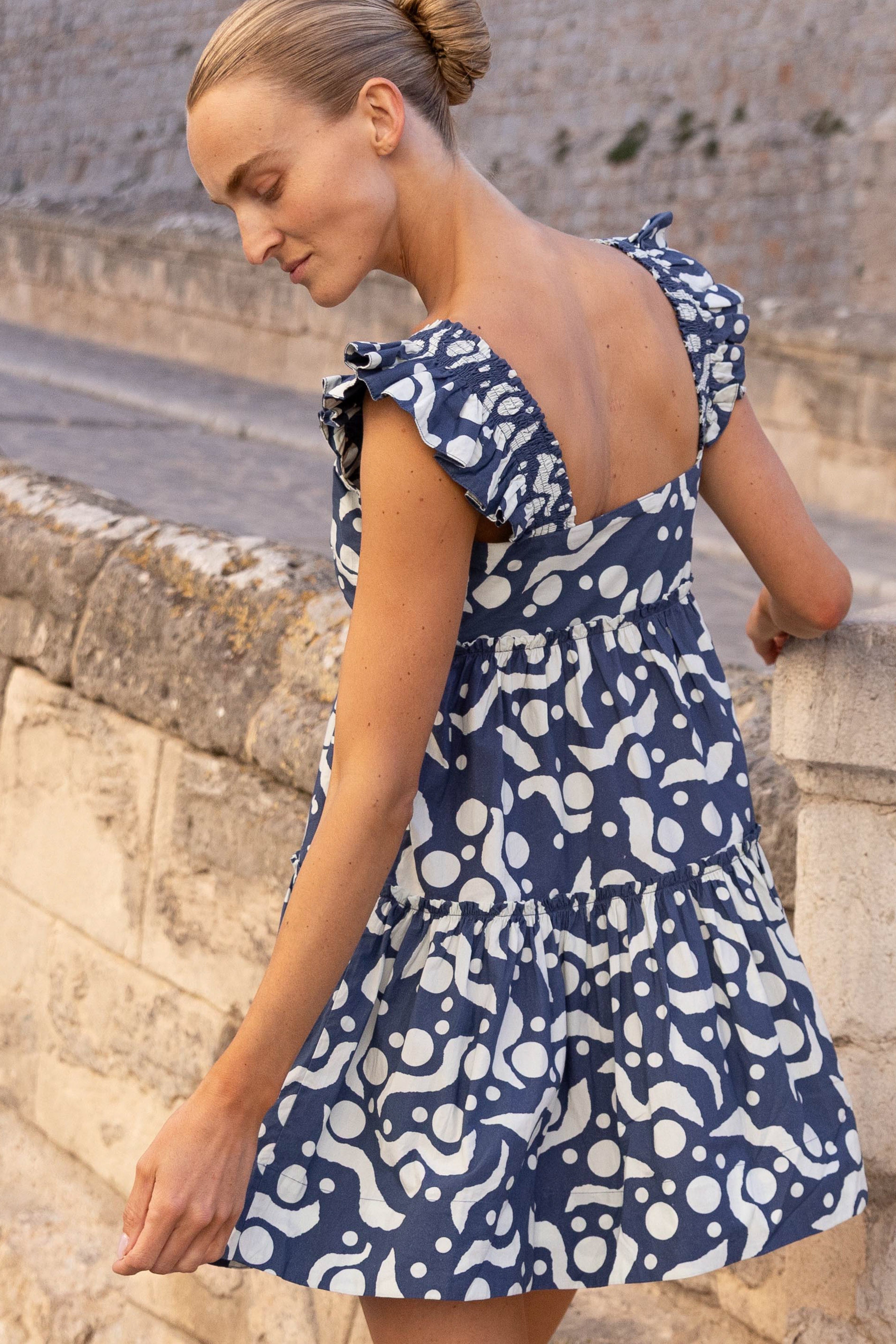 Smocked Square Neck Mini- Acadia Navy