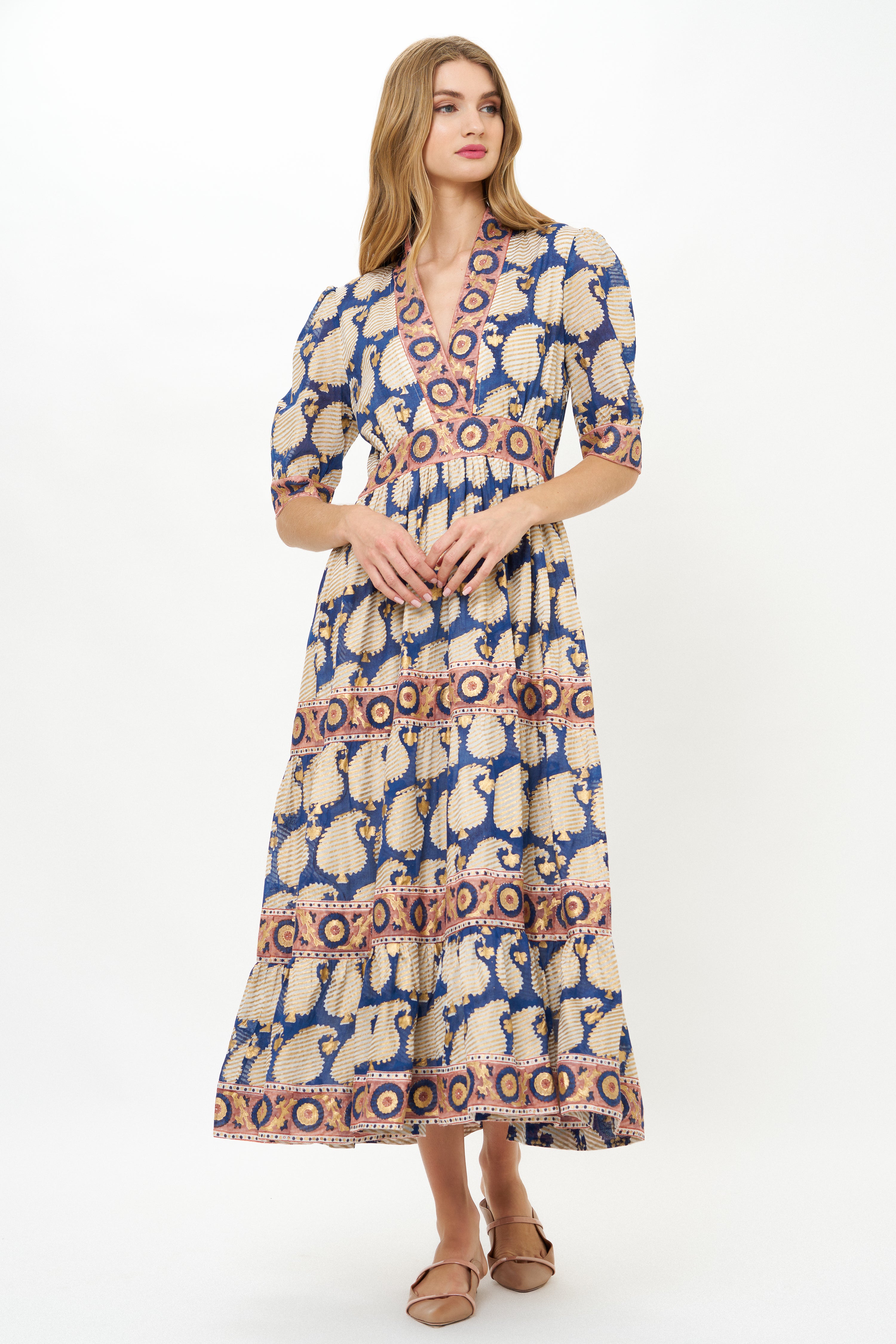 V-Neck Cuffed Maxi- Agra Navy
