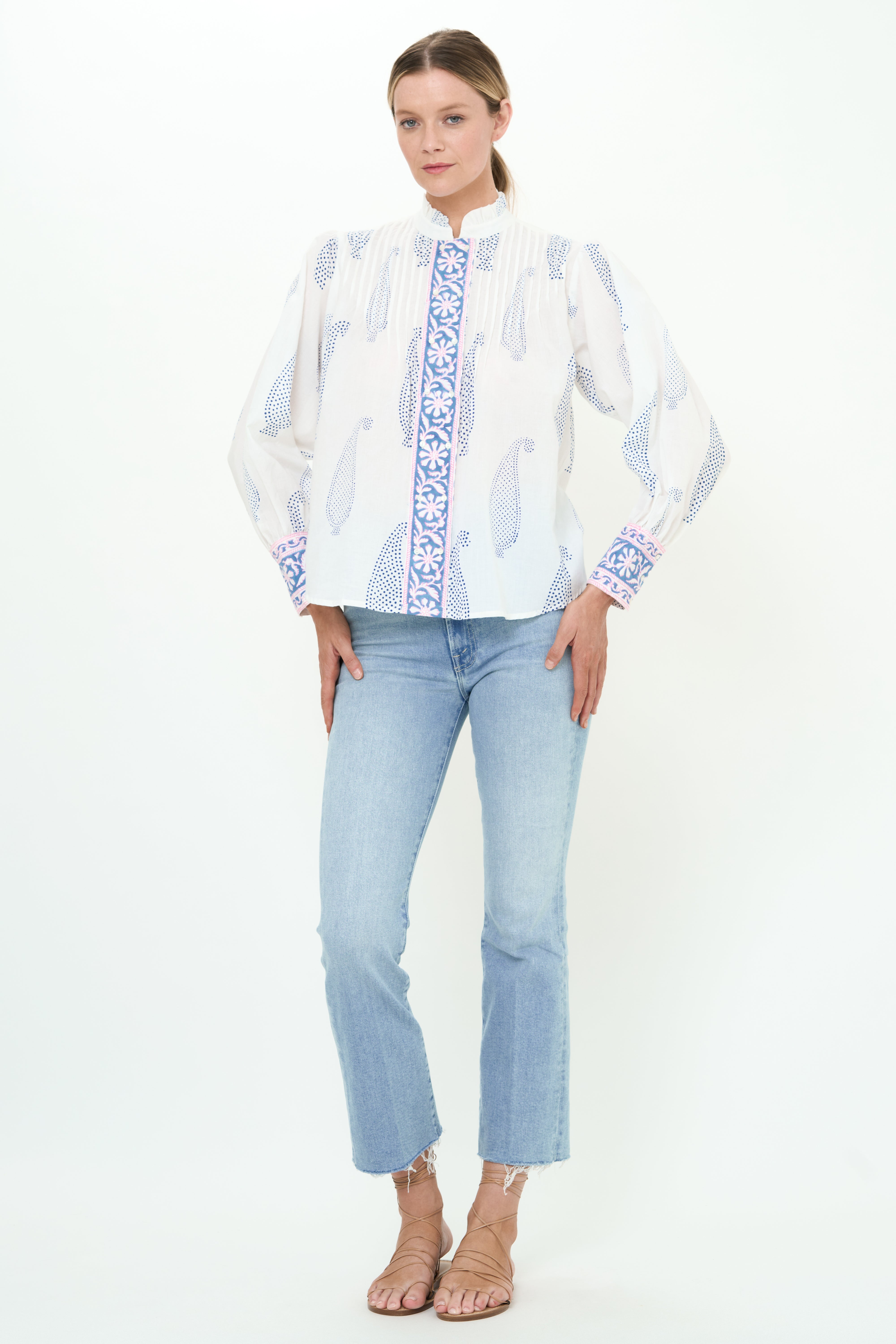 Pintuck Button Front Blouse- Aptos Blue