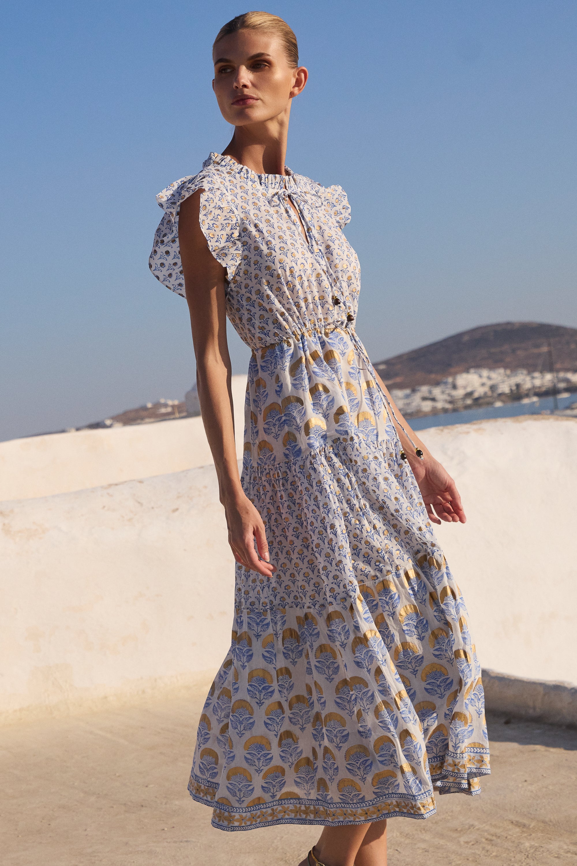 Cinched Flirty Midi- Arbor Blue