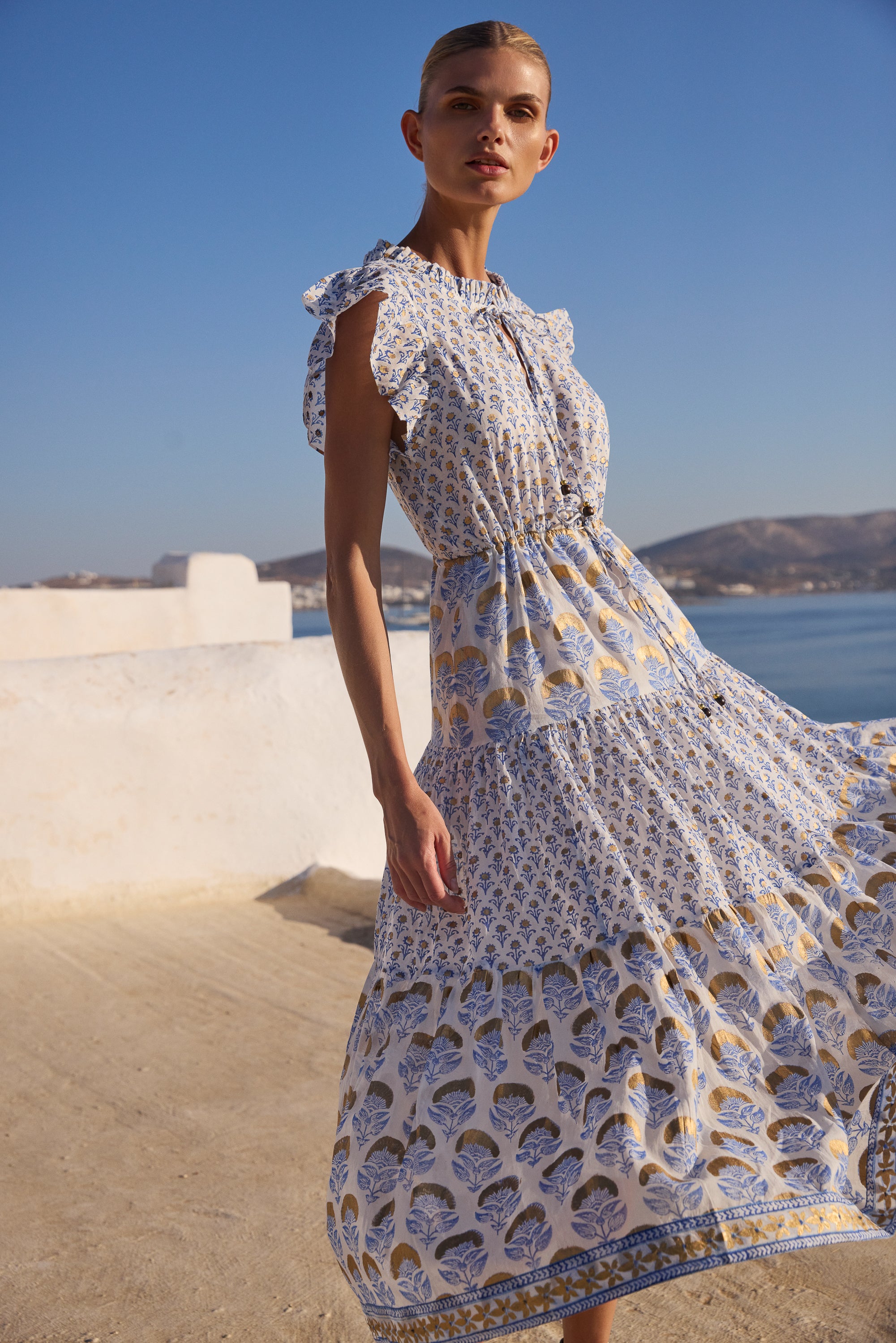 Cinched Flirty Midi- Arbor Blue