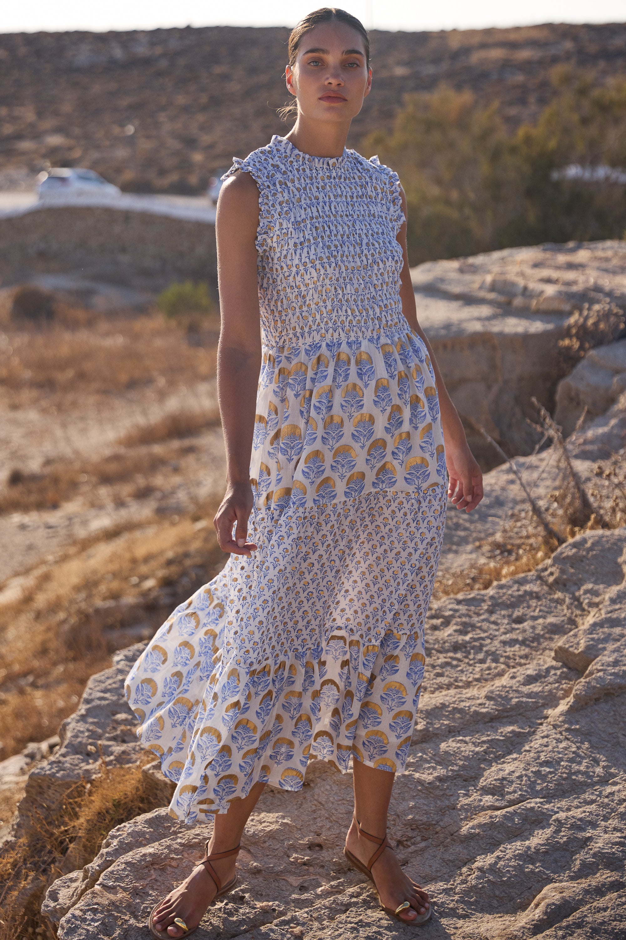 Sleeveless Smocked Maxi- Arbor Blue