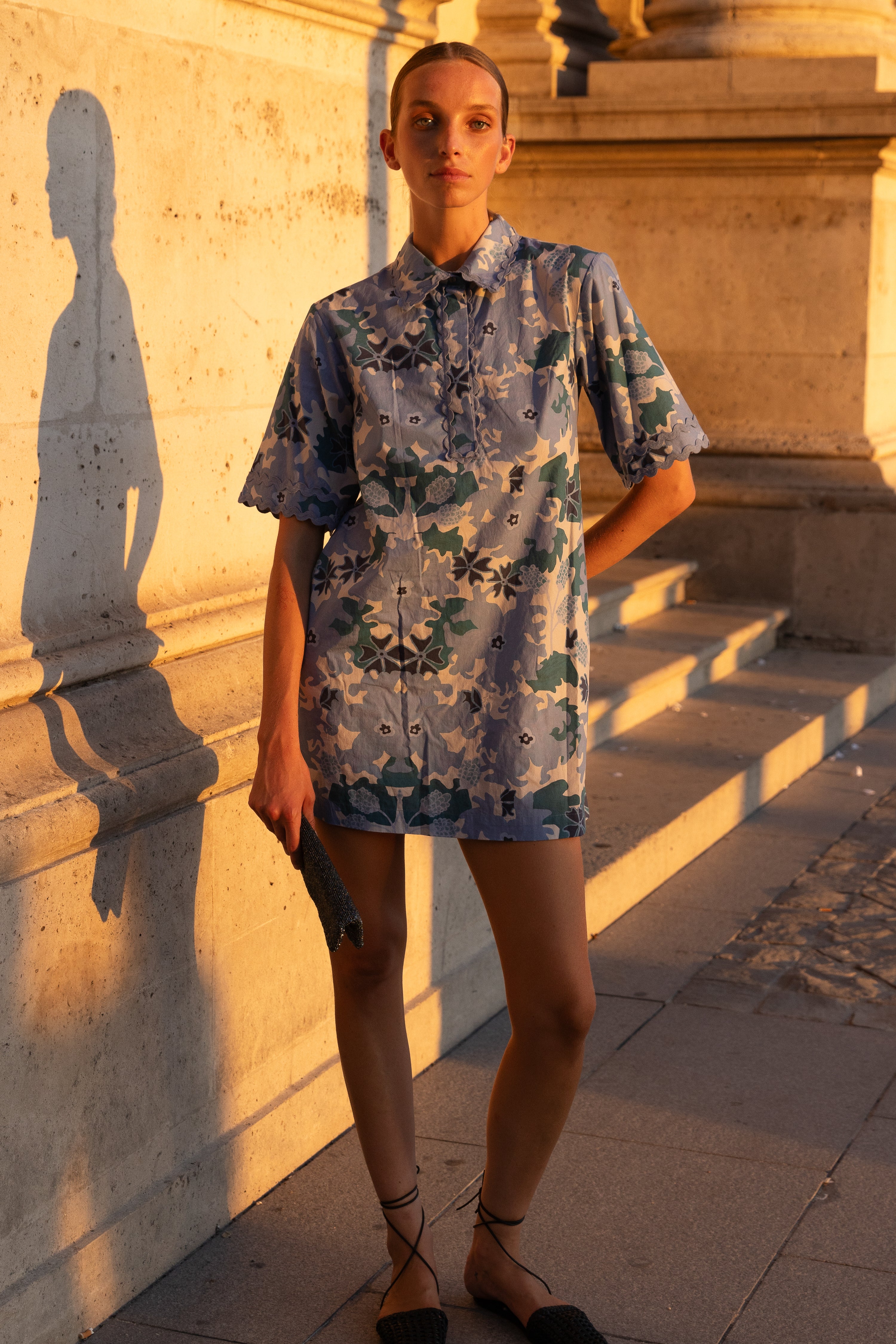 Collared Shirt Dress Mini- Suzani Blue