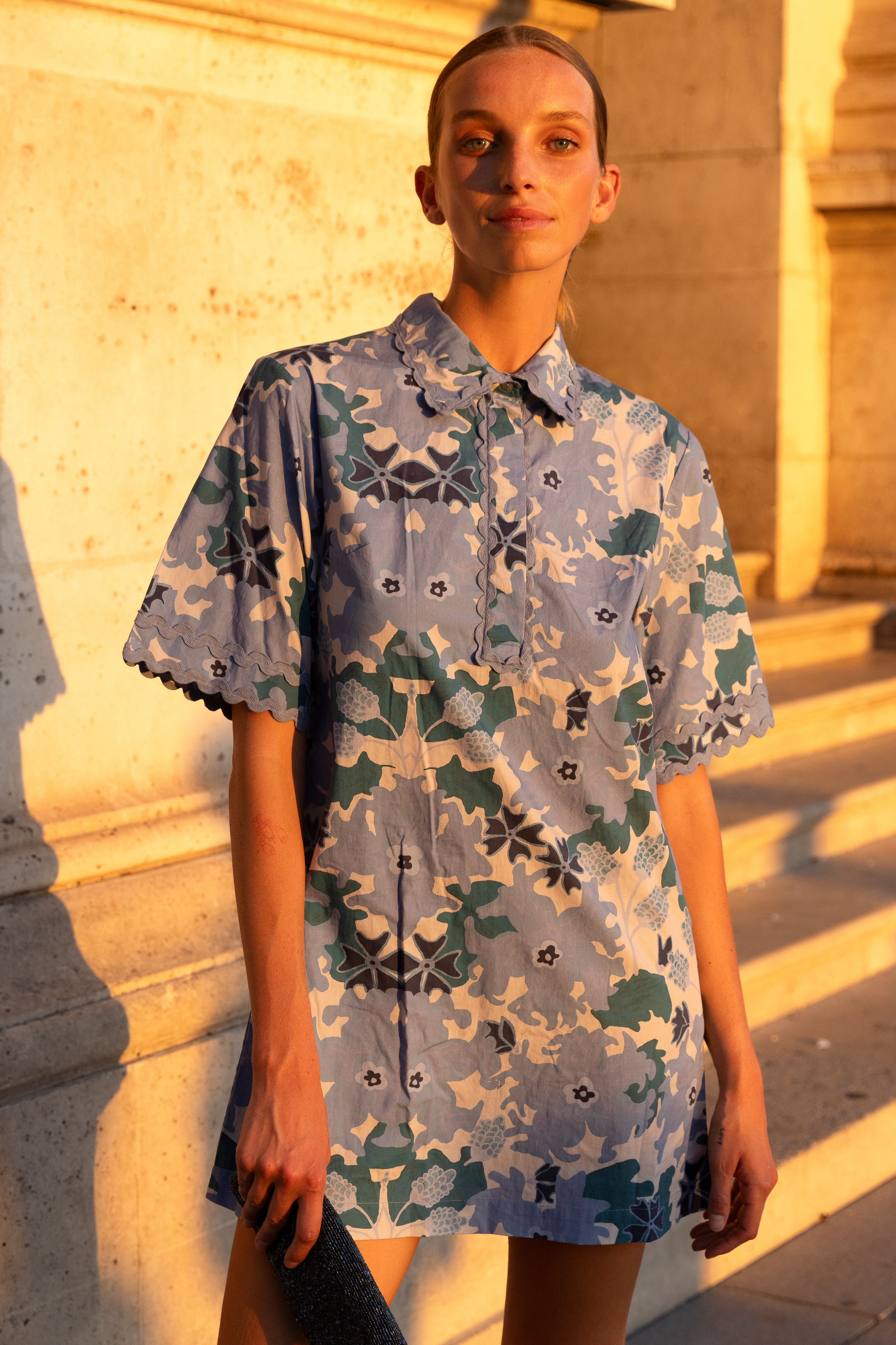 Collared Shirt Dress Mini- Suzani Blue