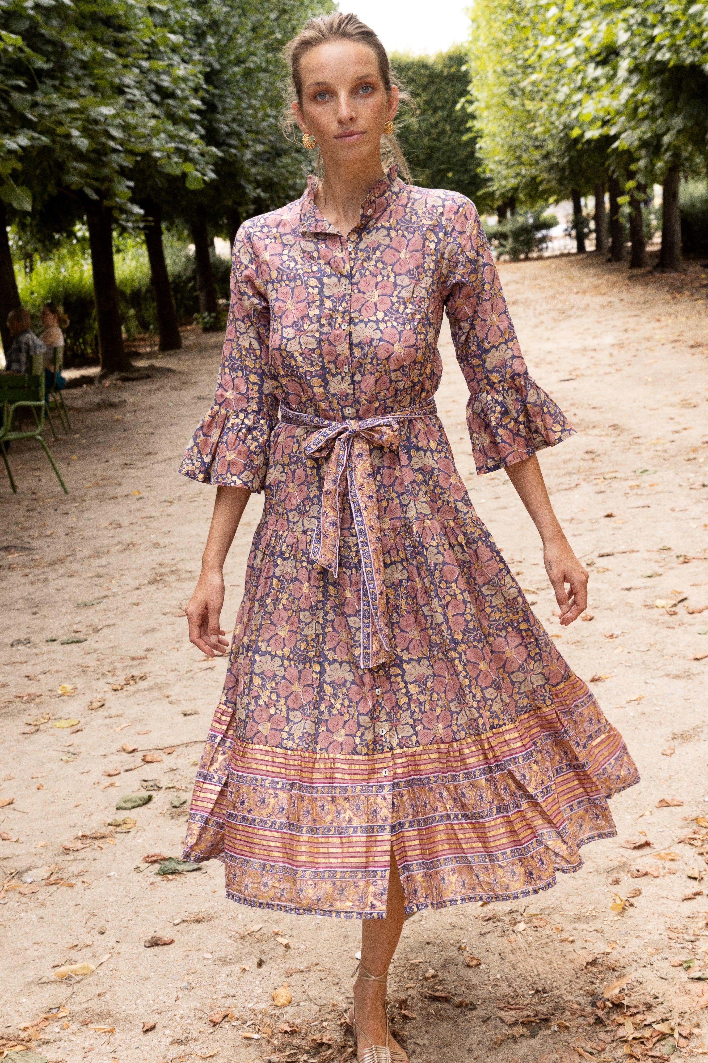 Ruffle Collar Bell Maxi- Matera Navy