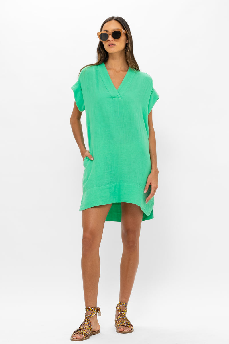 V-Neck Roll Sleeve Mini- Bahama Green