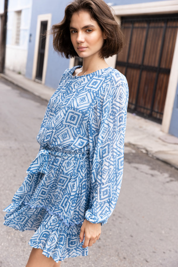 Long Sleeve Flirty Short Dress- Bali Blue