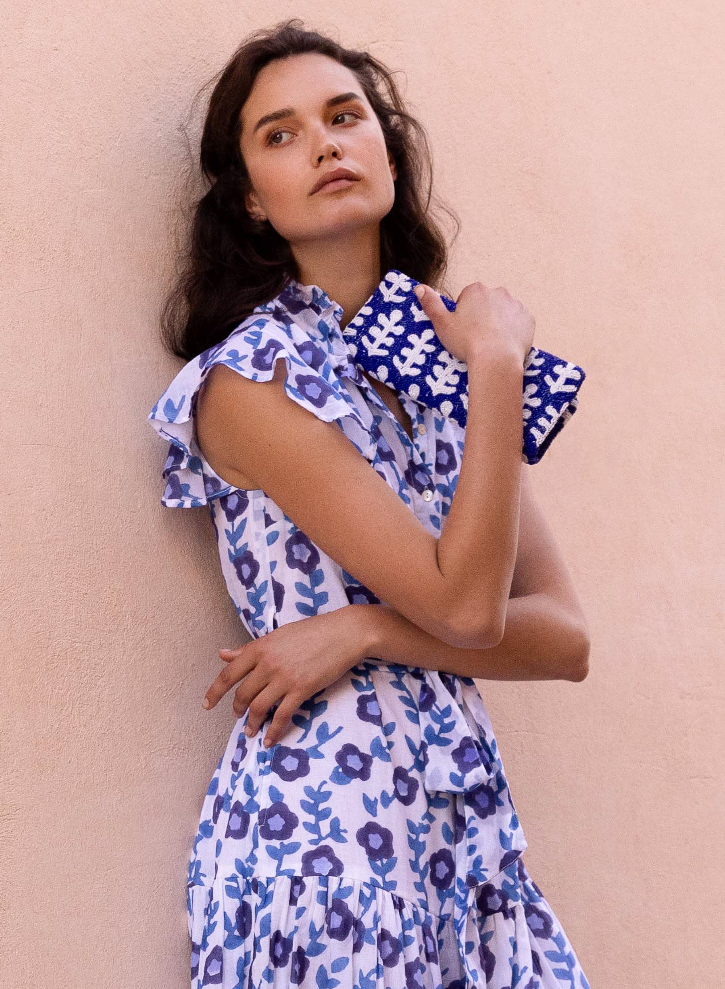 Beaded Clutch- Fern Navy White