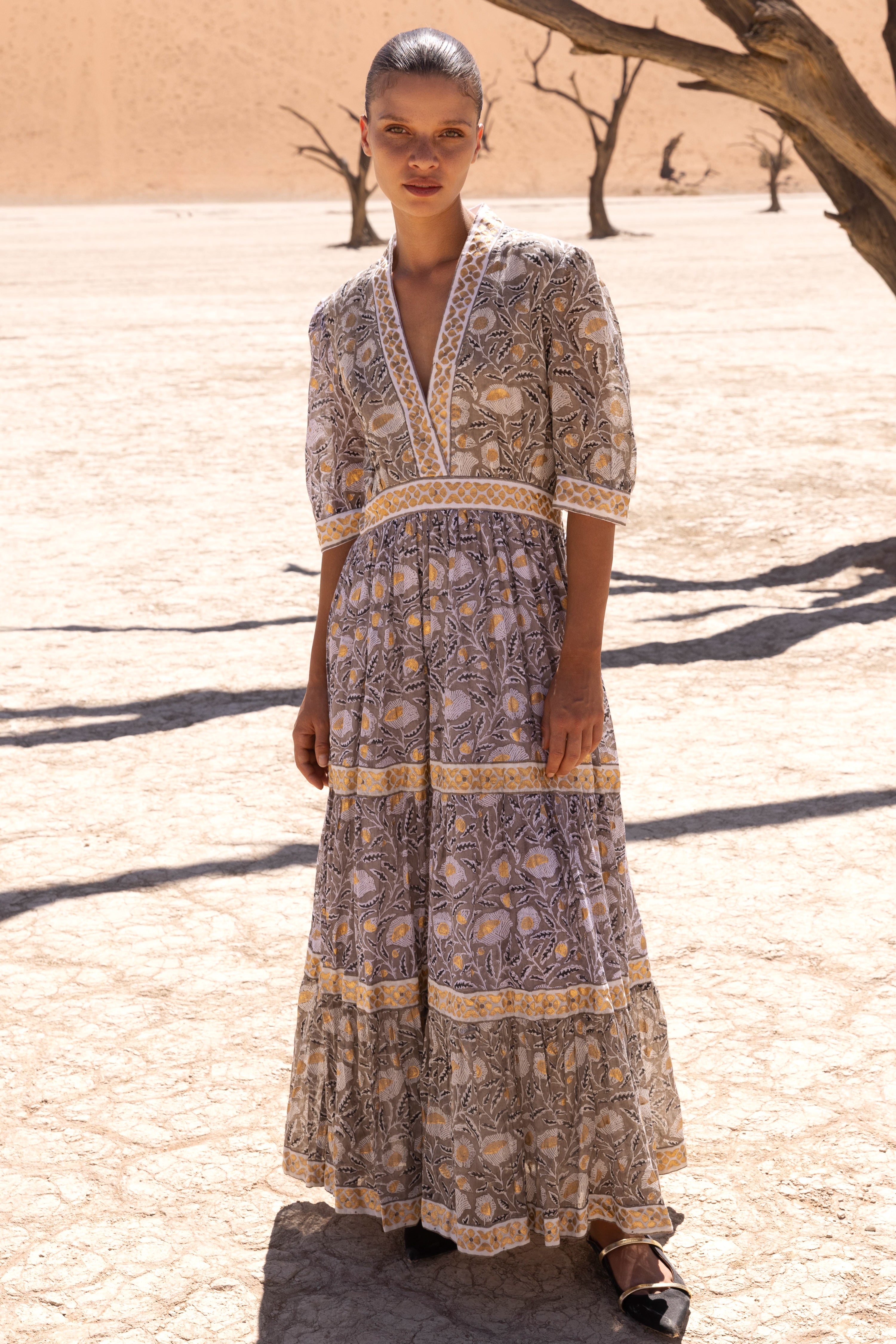 V-Neck Cuffed Maxi- Birch Taupe